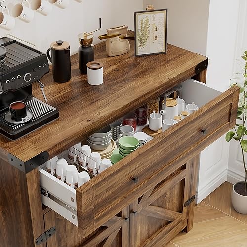 Miniatura 10 de YESHOMY Barra de café y gabinete de acento, aparador de buffet con puerta de granero con cajón y estante ajustable, escritorio ancho para cocina,