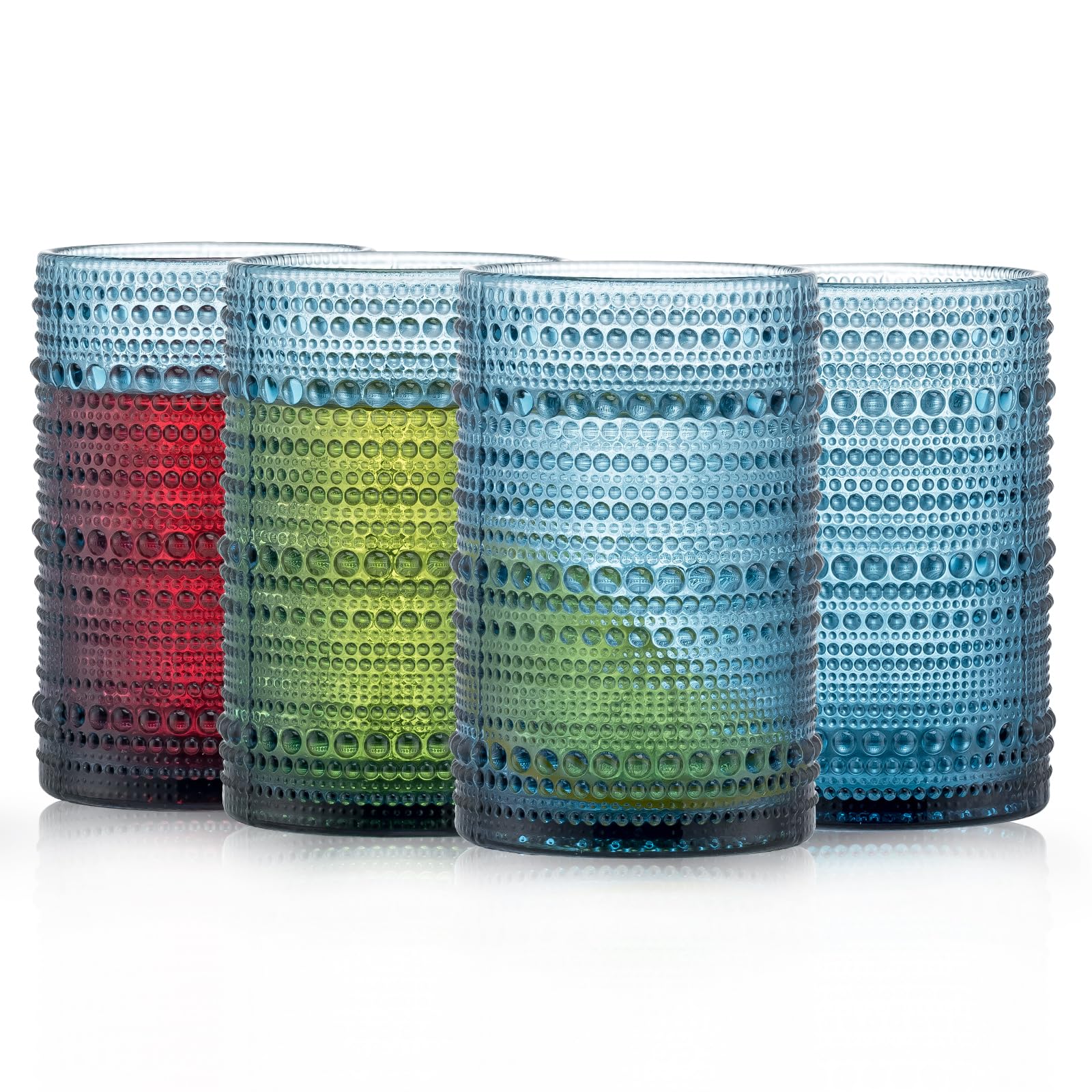 Vintage Hobnail Glassware - 15oz Jupiter Glasses Set of 4, Textured Glass Cups, Bubble Beaded Glasses Drinking for Cocktail, Water, Milk, Soda, Whisky, Vodka, Rum