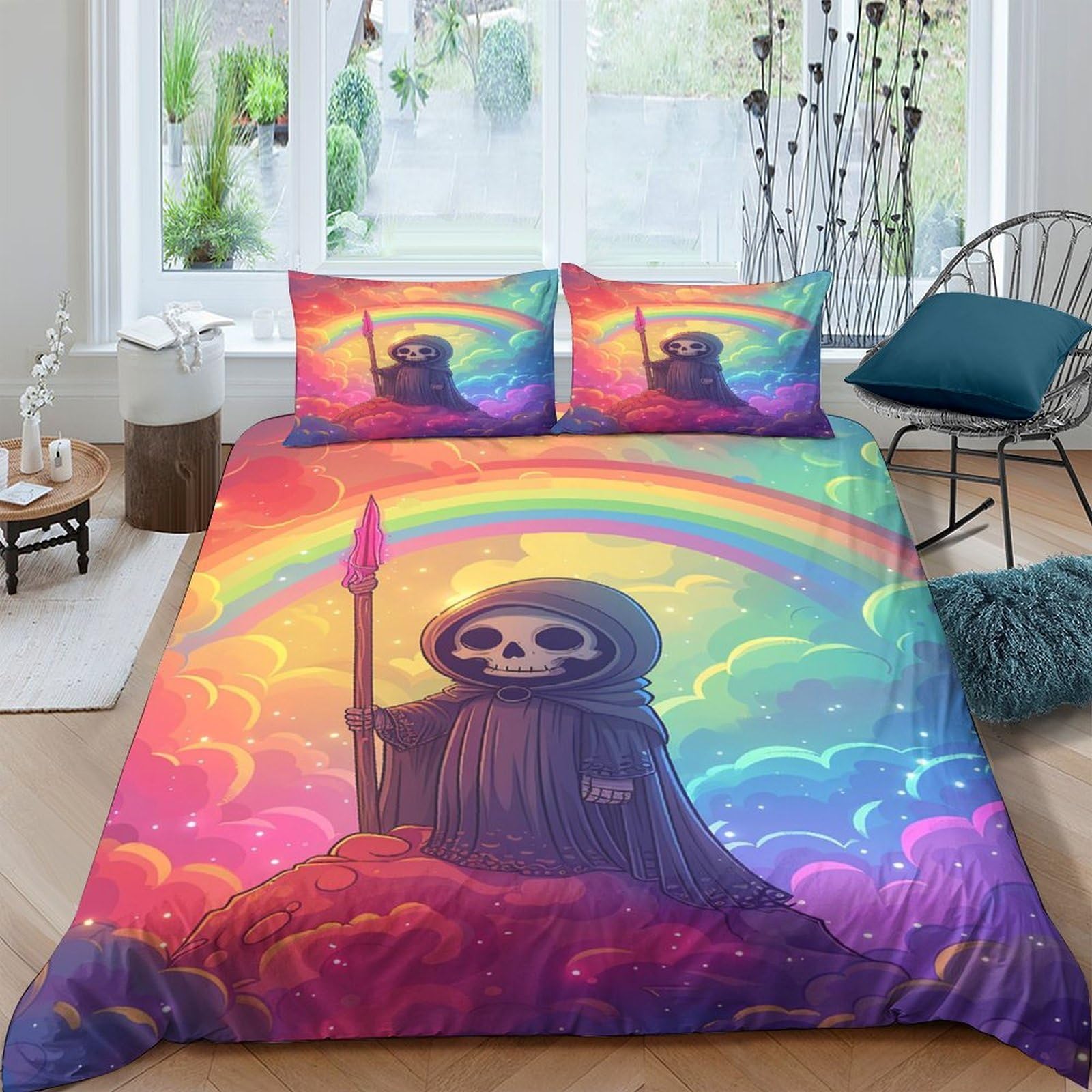 Ctjqhvkz Style-4 3D Printed Rainbow Grim Reaper Fitted Sheet Microfiber Vibrant Skull Art Mattress Cover For Bedroom Decor Single（135X200cm）