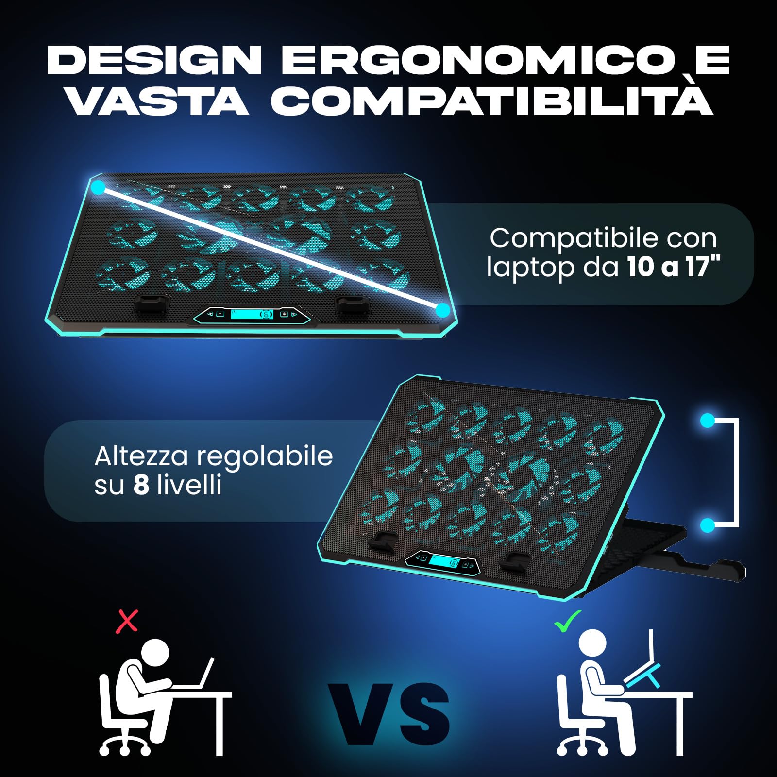 KLIM V14 Base di raffreddamento per Notebook Gaming 14 ventole RGB supporto 17" USB