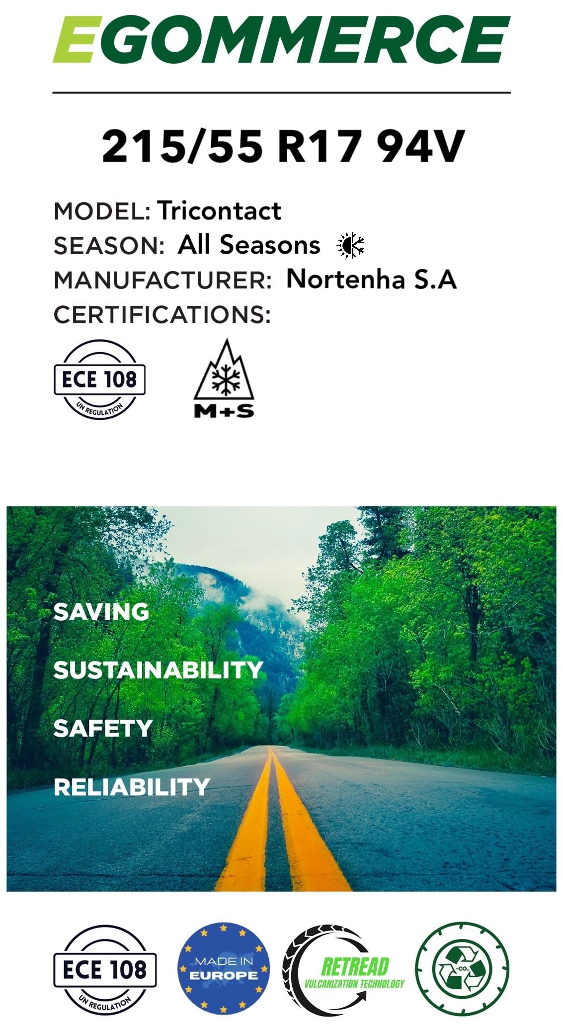 Nortenha - Neumático Coche TRICONTACT 215/55 R17 94V Todas las Temporadas Certificado M+S - Neumatico Ecofriendly con Garantía de 2 Años