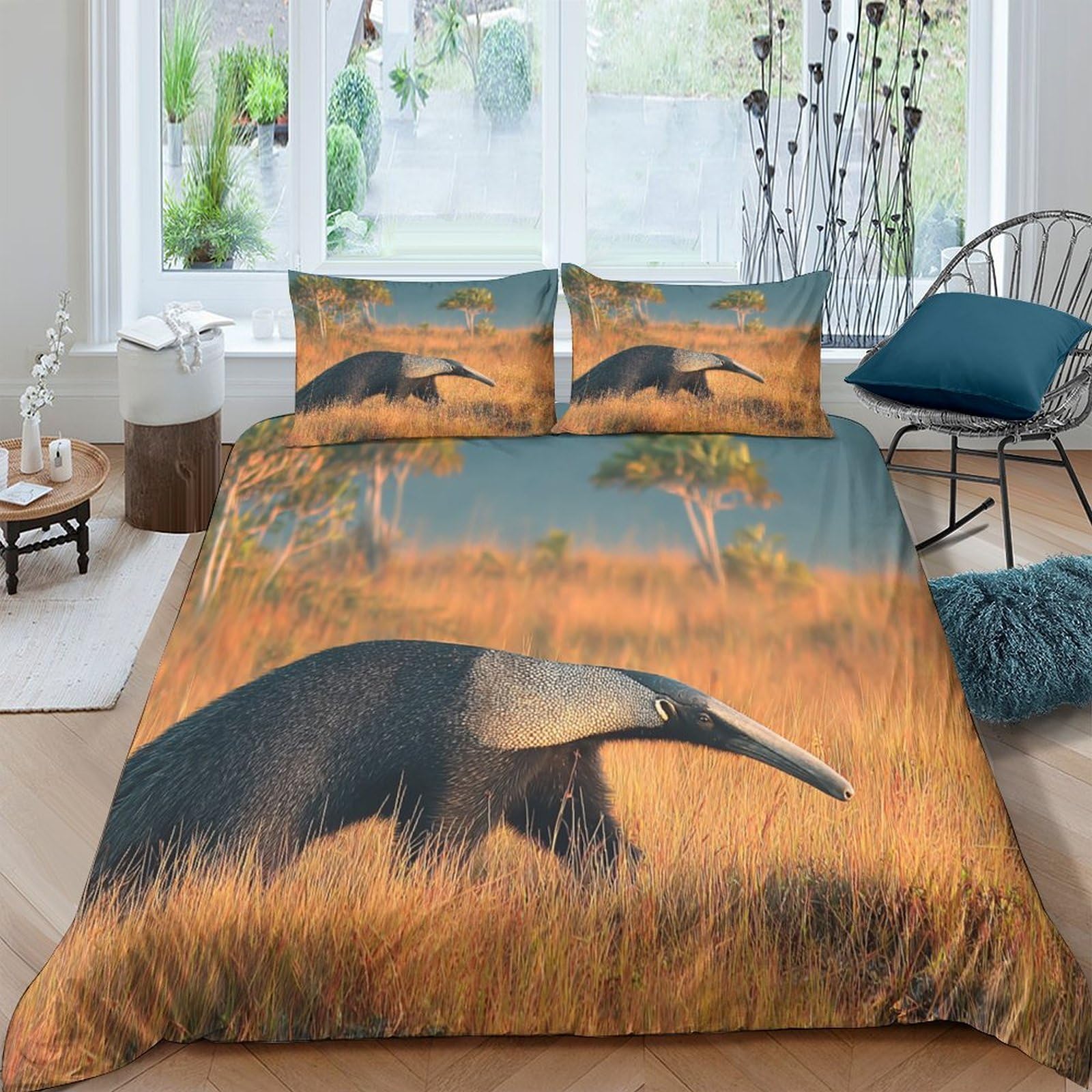 GPLZQXKJNH 3D Printed Giant Anteater Duvet Cover Microfiber Soft Breathable Savannah Landscape Bedding Set with 2 Pillowcases for Bedroom Decor, 120x220cm Single（135x200cm）