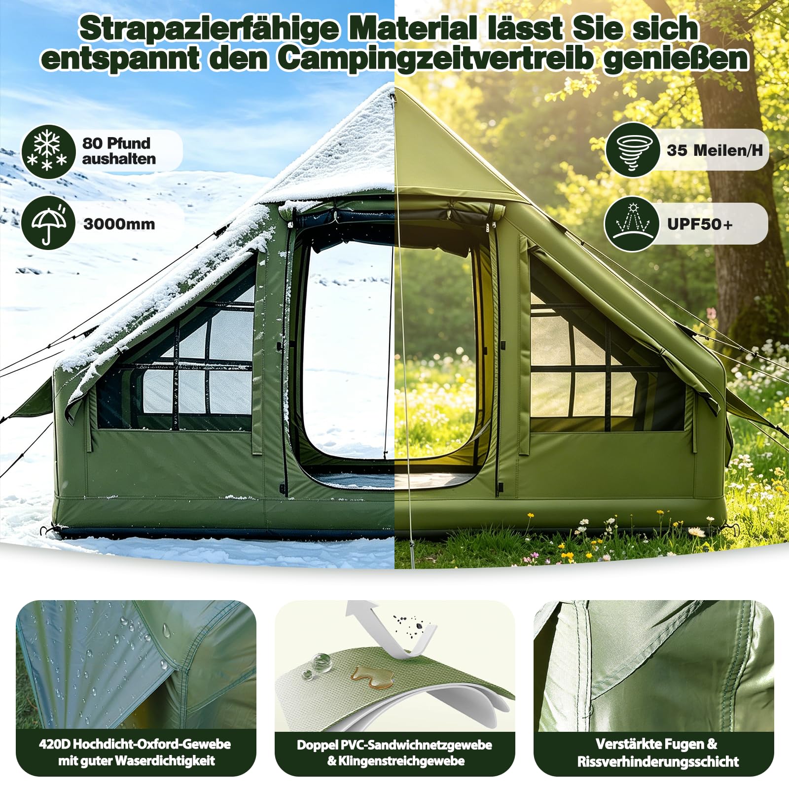 Aufblasbares Campingzelt mit Pumpe, 420D Oxford Glamping Aufblasbares Zelt für Camping, Wasserdicht bis 3000MM, 4 Saison Winddicht Kabinenzelt mit Mesh