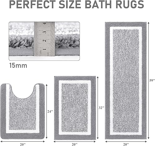 Miniatura 2 de Pauwer Juego de 3 tapetes de baño de microfibra, peludos, antideslizantes, ultra suaves, absorbentes con forma de U para baño, bañera, ducha, gris