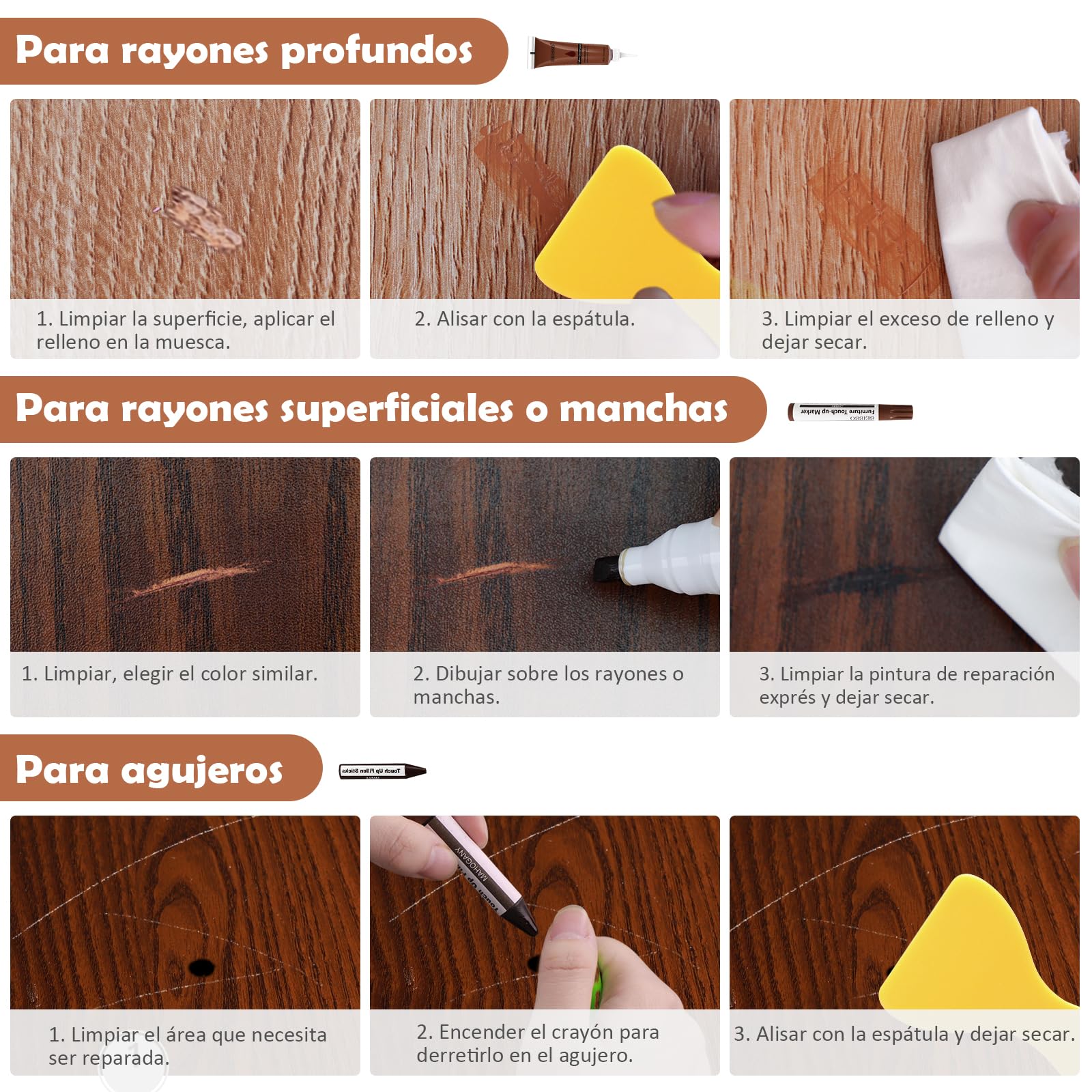 SEISSO Wood Furniture Repair Kit de Reparación de Muebles Para Madera y Marcadores de Madera, Juego de 42 Varillas de Cera con Kit de Reparación de Resina