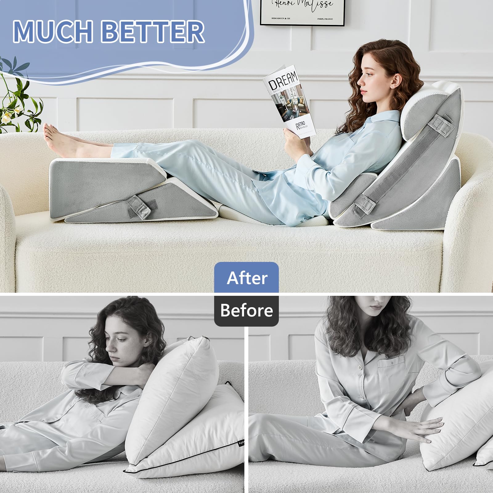 9PCS Orthopädische Bett Keil Kissen Set,Post Chirurgie Schaum Kissen für Körper, Rücken und Beine Schmerzlinderung,Justierbare Stützkissen mit Säure Reflux Bed Wedge Memory Foam Hellgrau