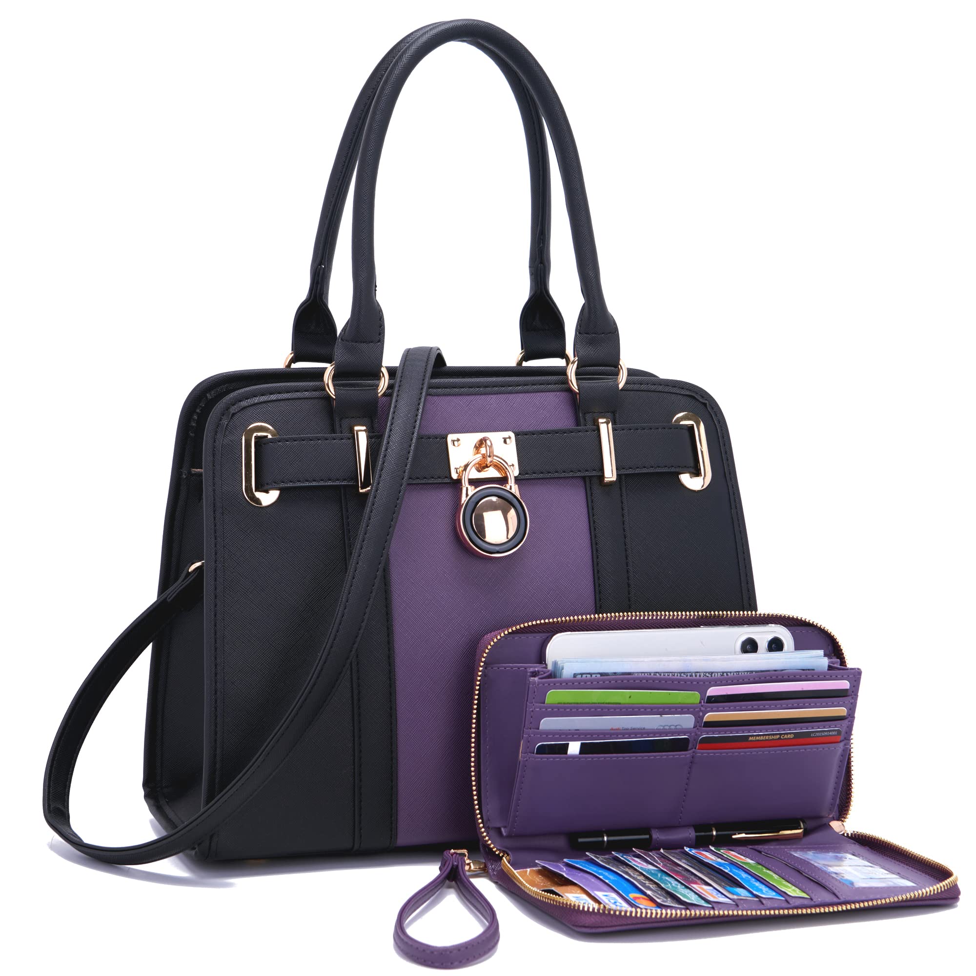 Handbags Sets For Women Shoulder Bags Top Handle Work Satchel Tote Purses Set With Matching Wallet 2pcs PurpleBlack