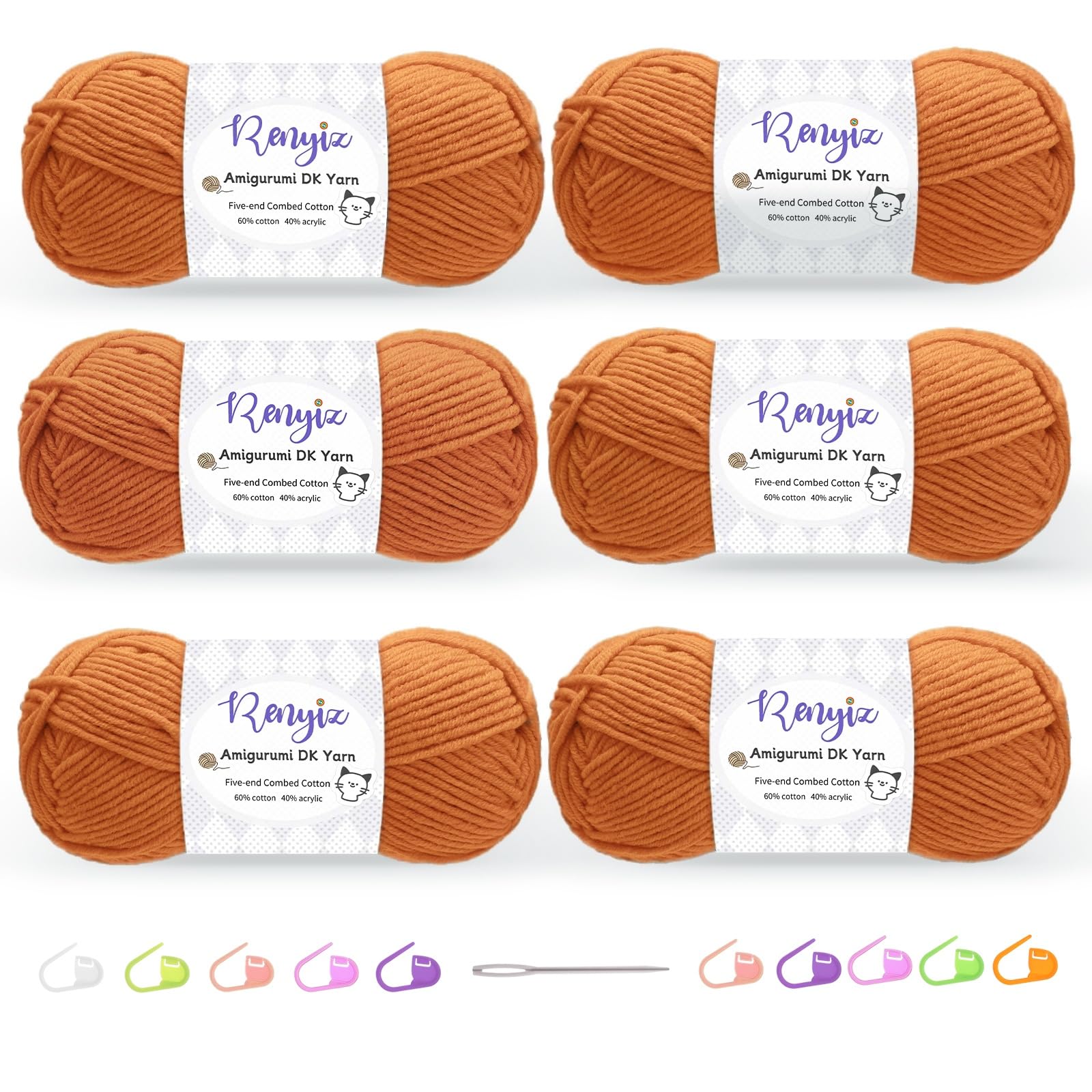 Renyiz Crochet Yarn, 6 x 50g Cotton Yarn (60% Cotton & 40% Acrylic) DK Wool for Crochet Accessories, Suitable for Baby Wool Crafts & Knitting Orange — image 1