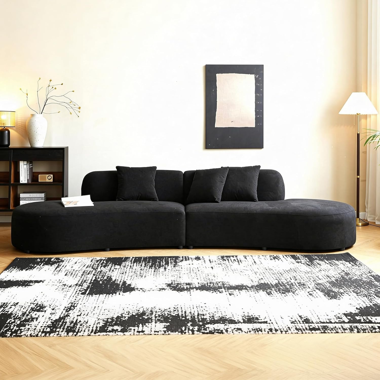 132" Curved Sofa with Throw Pillows, 6 Seater Luxury Velvet Couch with Half Moon Design and High-Density Foam, Ideal for Modern Living Room, Office & Apartment, Black