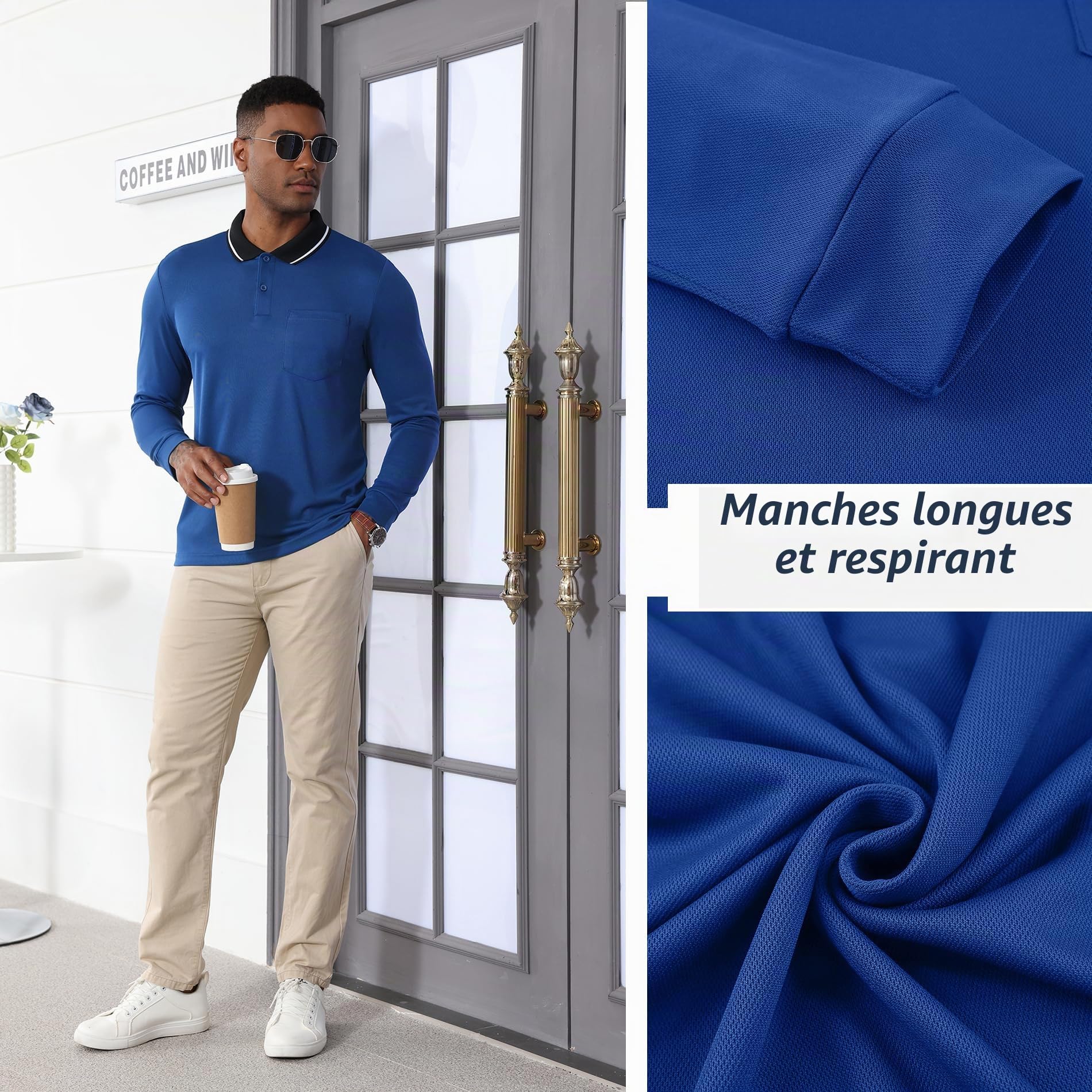 JACKETOWN Lot de 3 Polo pour Homme à Manches Longues Polo de Golf Travail avec Boutons Polos Chemise Respirants Décontractés T Shirts à Poche