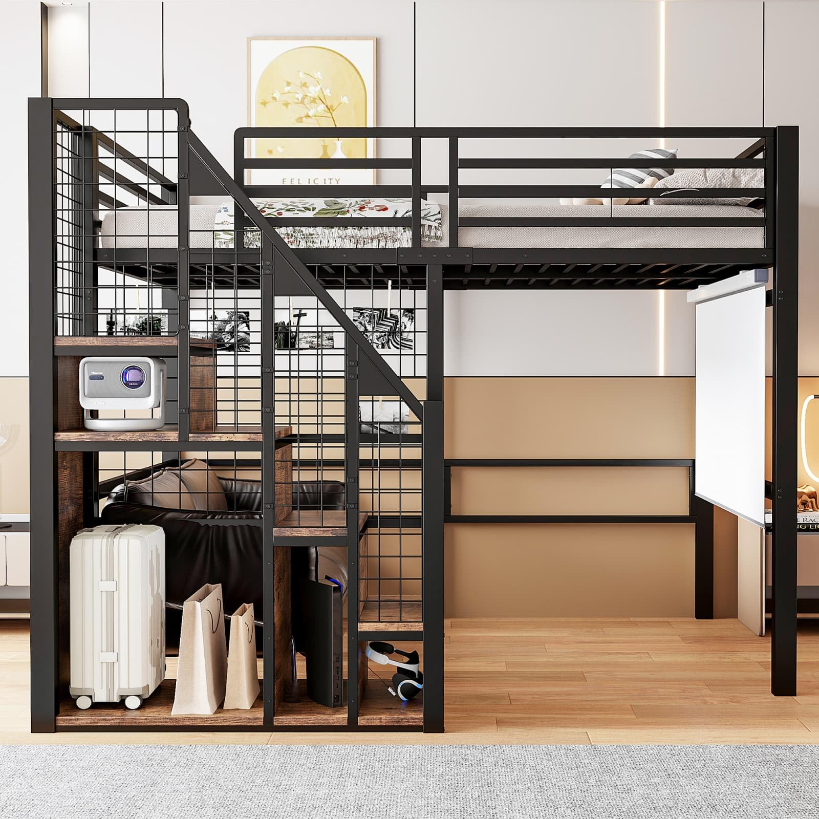 PUGSDRLY Lit Mezzanine Enfant 140x200cm,Lit Mezzanine 2 Places avec échelle de Rangement et Plaque à Mailles en Métal,Design de Clôture Haute,pour Enfant Adolescent (Noir-140)