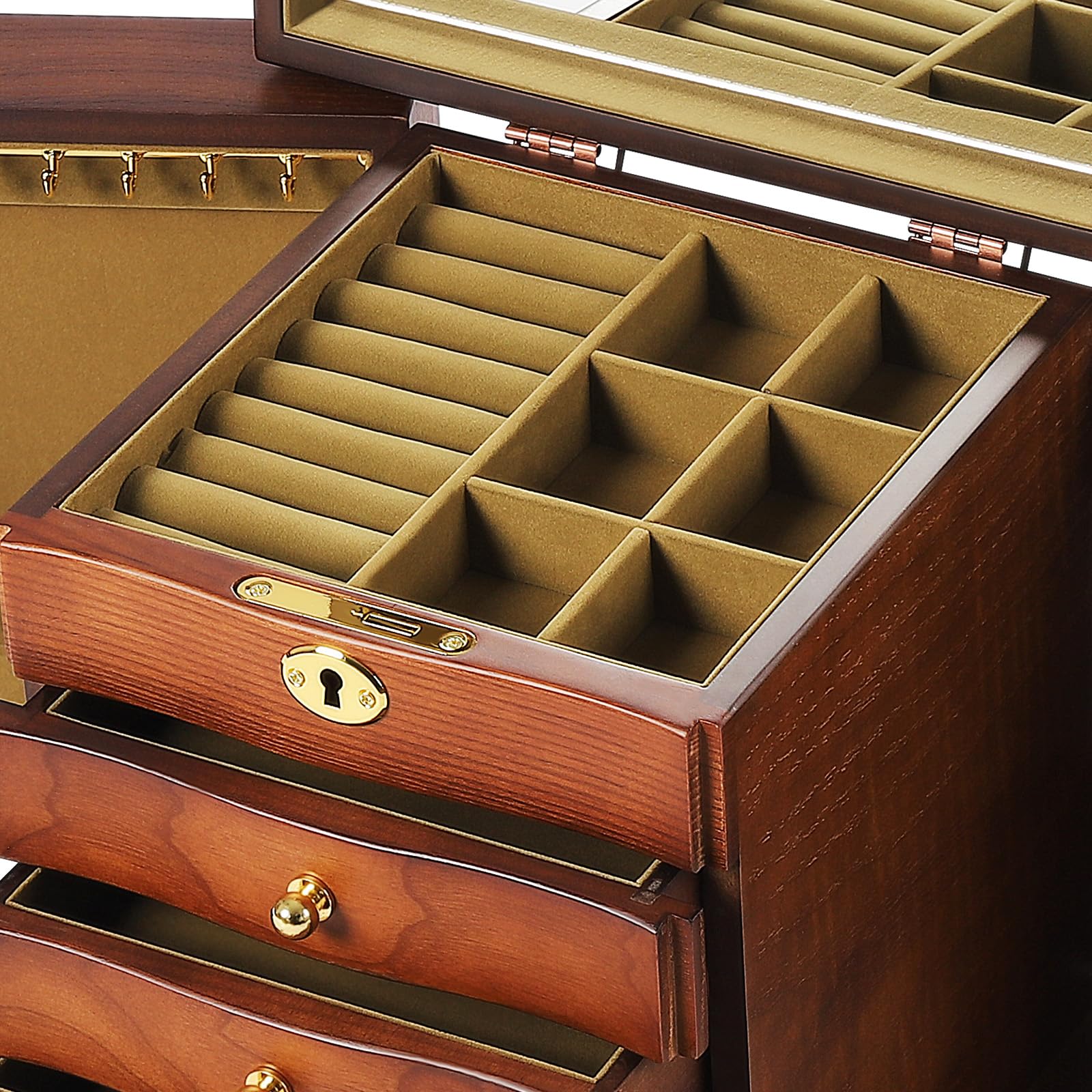 Joyero retro de 5 capas, joyero de madera marrón, organizador para mujeres con espejo y 4 cajones, gran capacidad