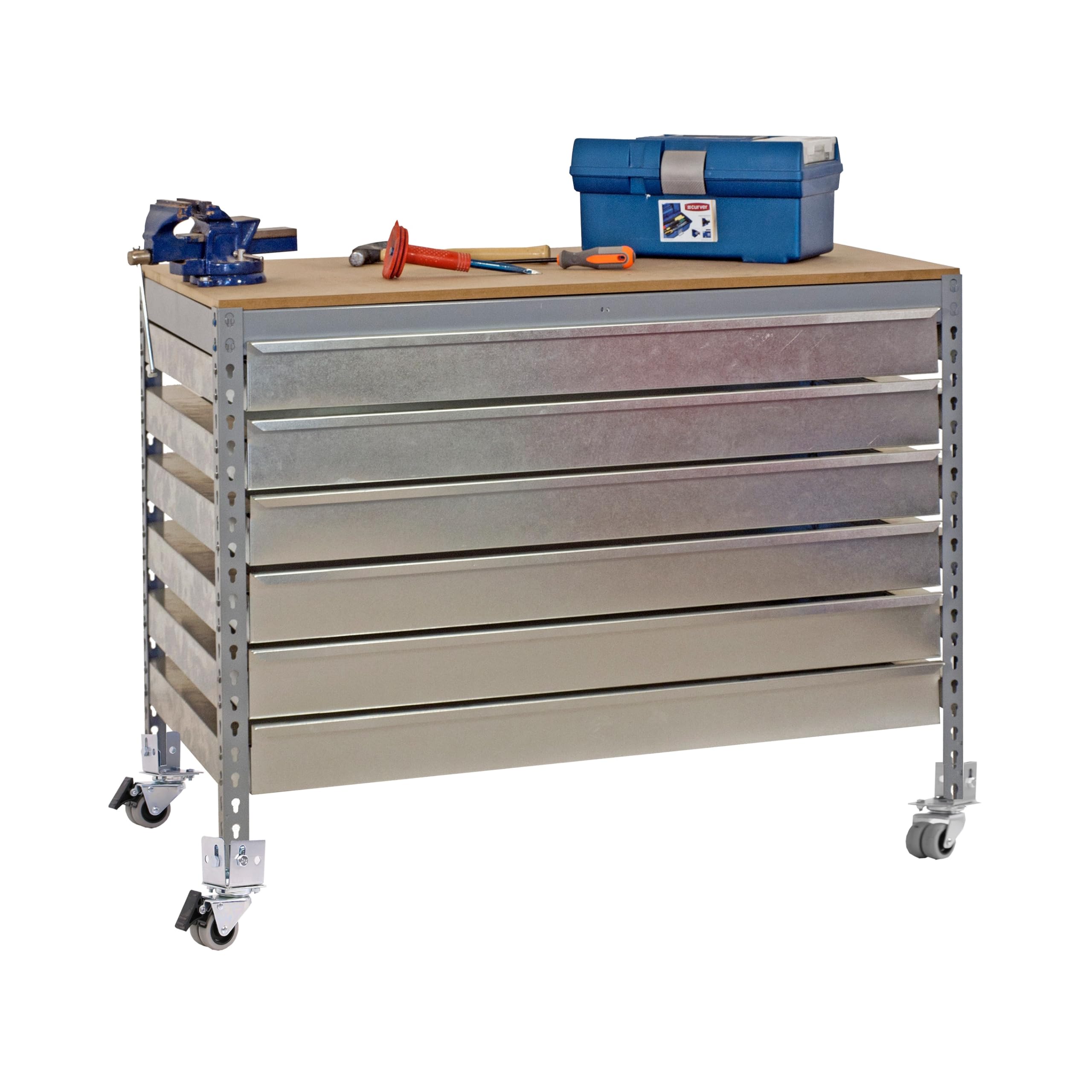 Simon Rack Banco de Trabajo Taller con Ruedas 910x610 mm - BT5 | 6 Cajones, Tablero madera 16 mm, Capacidad Carga 120 kg, Gris , Pintura anticorrosión, Montaje sistema clic