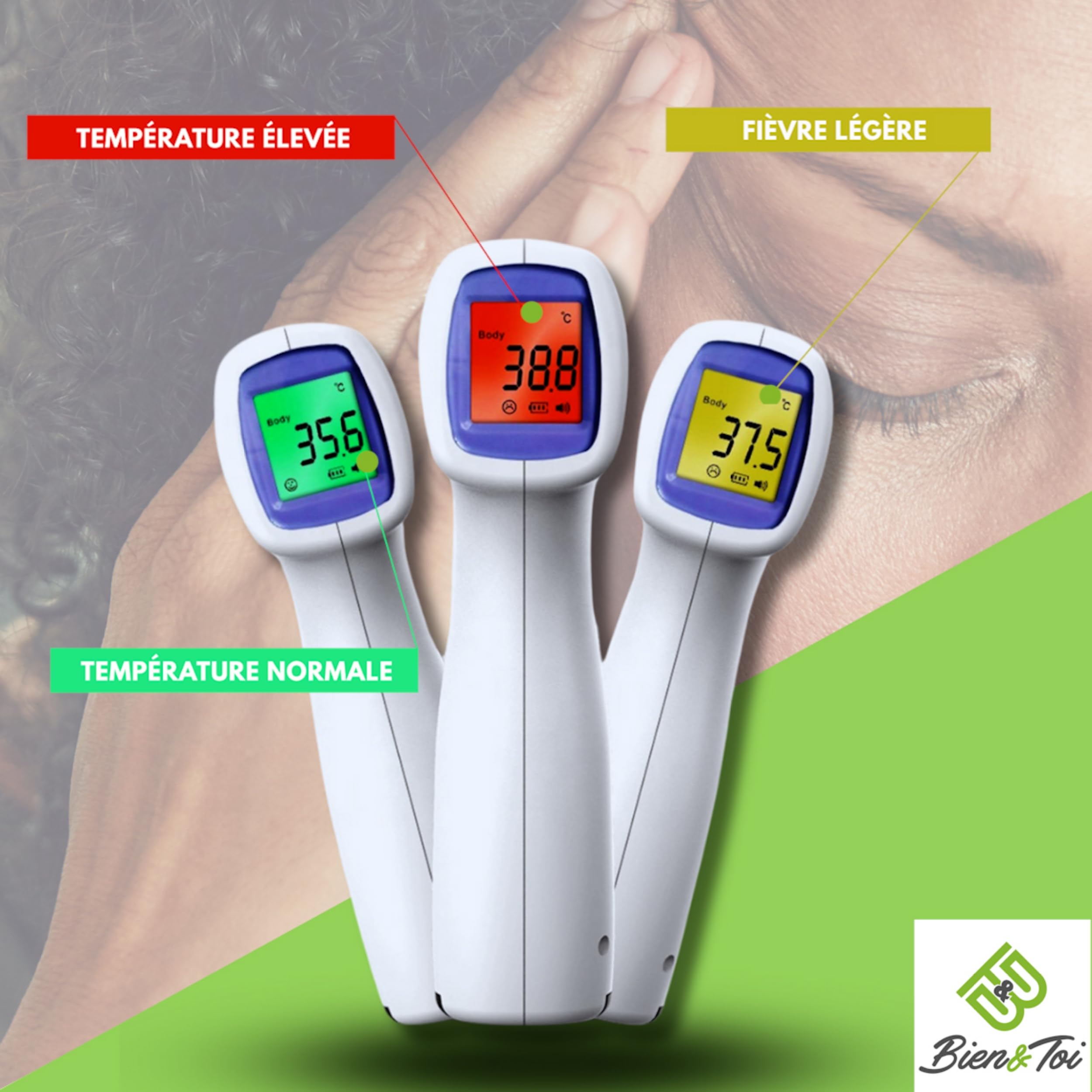 Oxymètre de doigt professionnel + thermomètre frontal adulte/bebe/enfant, sans contact, mesure corps et surface, écran à LED, sac de transport/piles incluses/notice en Français