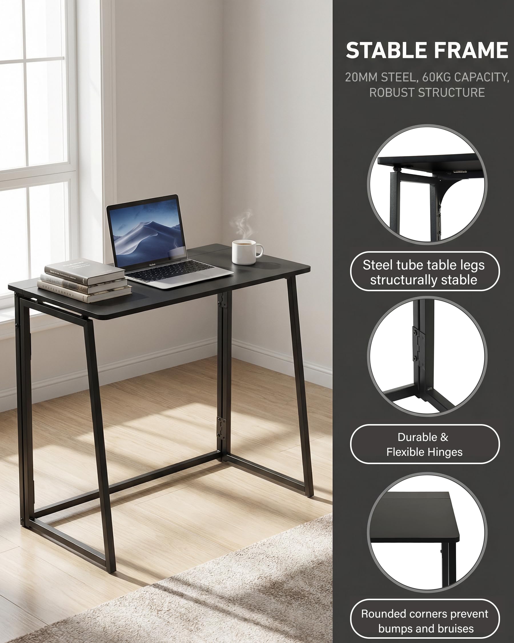 Mesa Plegable,Mesa Escritorio Pequeña 80x40x70CM Escritorio Juvenil Adecuado para Oficinas Dormitorios Estudios Salones Oficinas Domésticas Fácil de Montar Mesa Ordenador Pequeña（Negro）
