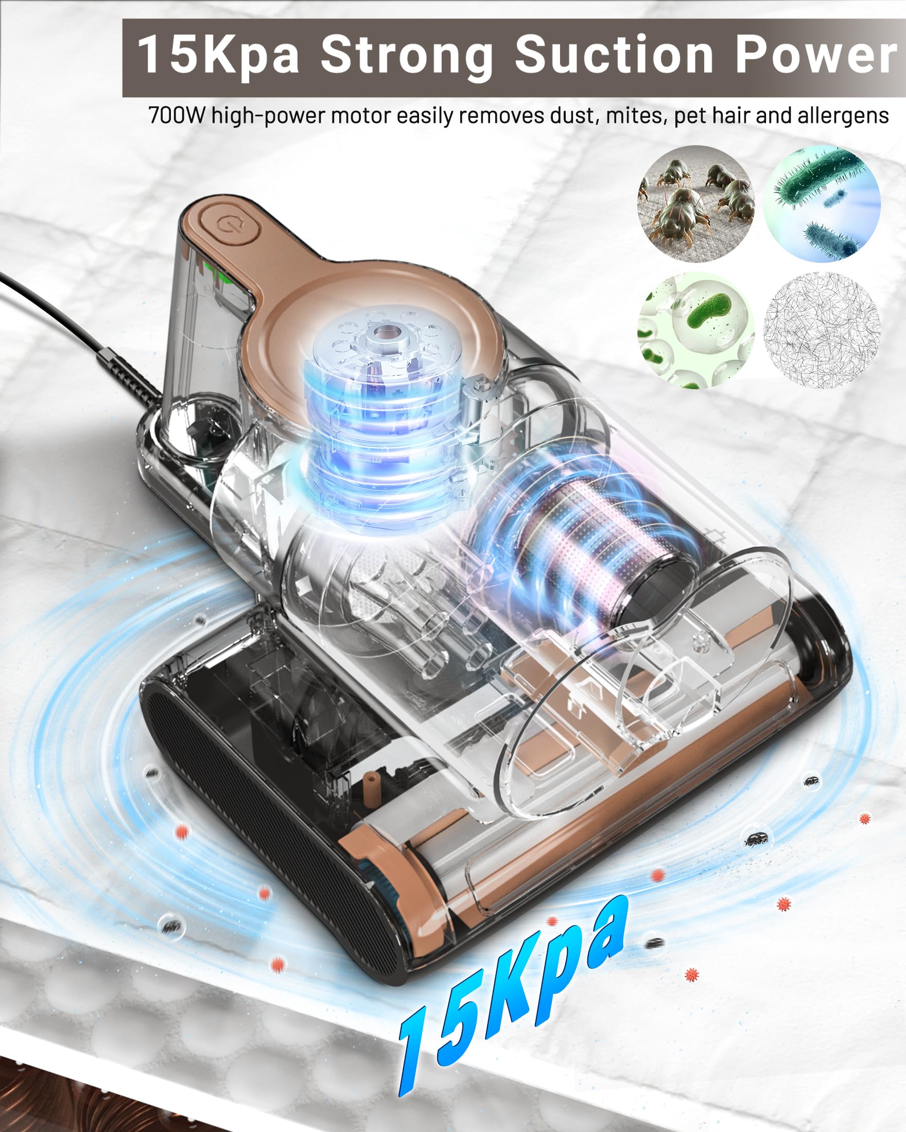Aspirapolvere per Materassi 15KPa, 700W Battimaterasso Antiacaro con Luce-UV 65°C e Ultrasuoni, Doppia Tazza Antipolvere, Spazzola a Rullo ad Alta Velocità, Rimuove il 99.9% Degli Allergeni