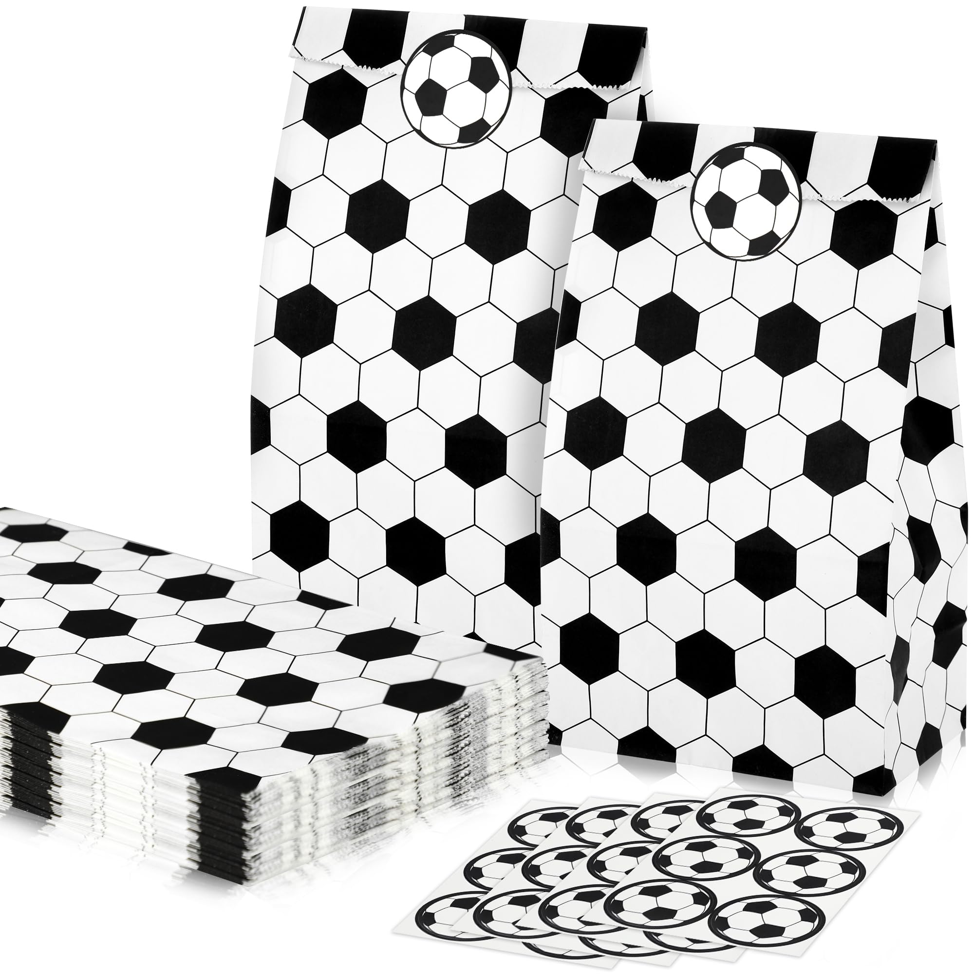 24 Pcs Soccer Party Bags with Stickers Soccers Goodie Bags Snack Bag Soccers Print Candy Treat Paper Gift Bag for Soccer Birthday Sports Theme Event