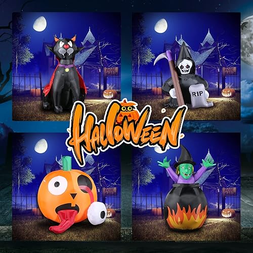 Miniatura 4 de Decoración inflable de Halloween de 4 pies, fantasma de guadaña al aire libre con luces LED, decoraciones de Halloween, terraza, jardín, césped,