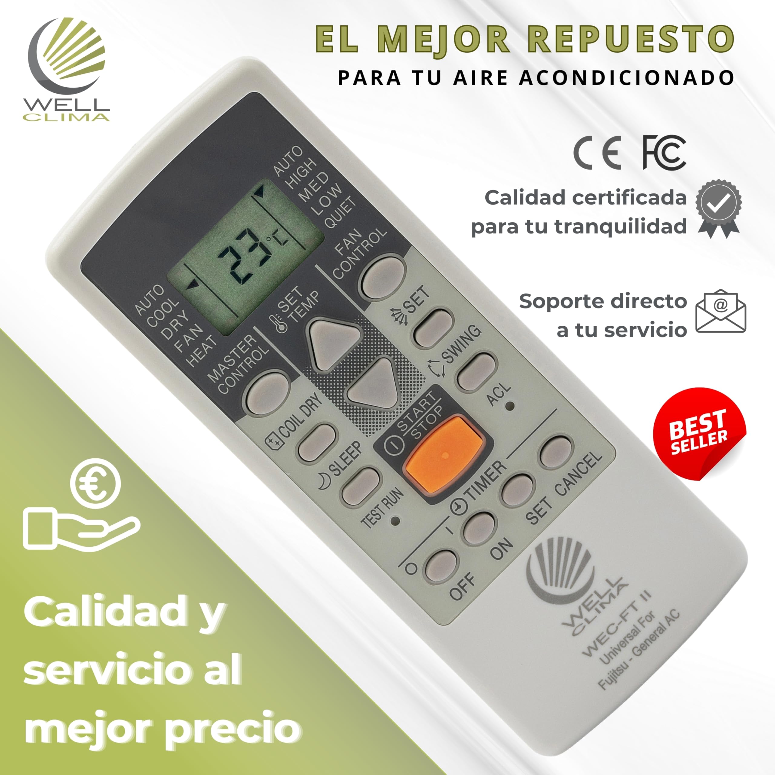 Wellclima WEC-FT II Mando Universal Compatible con Aires Acondicionados Fujitsu y General, Funciones Avanzadas, hasta 4 Velocidades de Ventilador, Listo para Usar en Segundos, Asistencia Wellclima