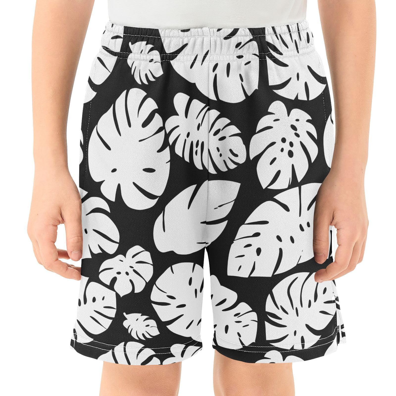 Black and White Monstera Leaf Boys' Shorts Summer Cotton Adjust Pocket Boys Shorts Size 8 Years