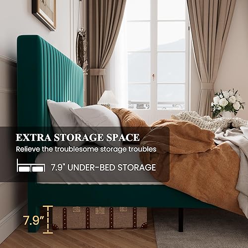 Miniatura 4 de SHA CERLIN - Base de cama con plataforma tapizada y cabecera ajustable de tela de terciopelo con capitoné de canal vertical, king, con lamas de