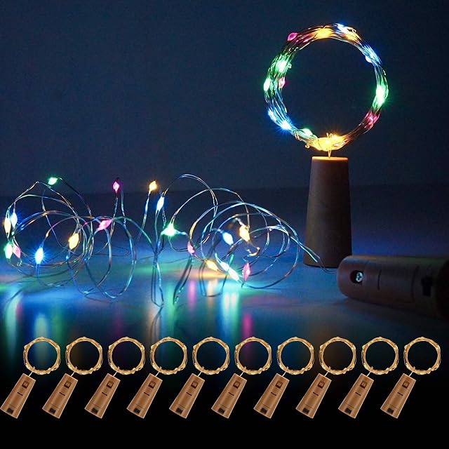 Bottle Lights with Cork, 10 Pack Copper Wire with 20 LEDs 2M LED String Lights, Battery Operated Wine Glass Fairy Lights, for DIY Bedroom Party Decor Wedding Birthday Festival Christmas, Multi-Colour