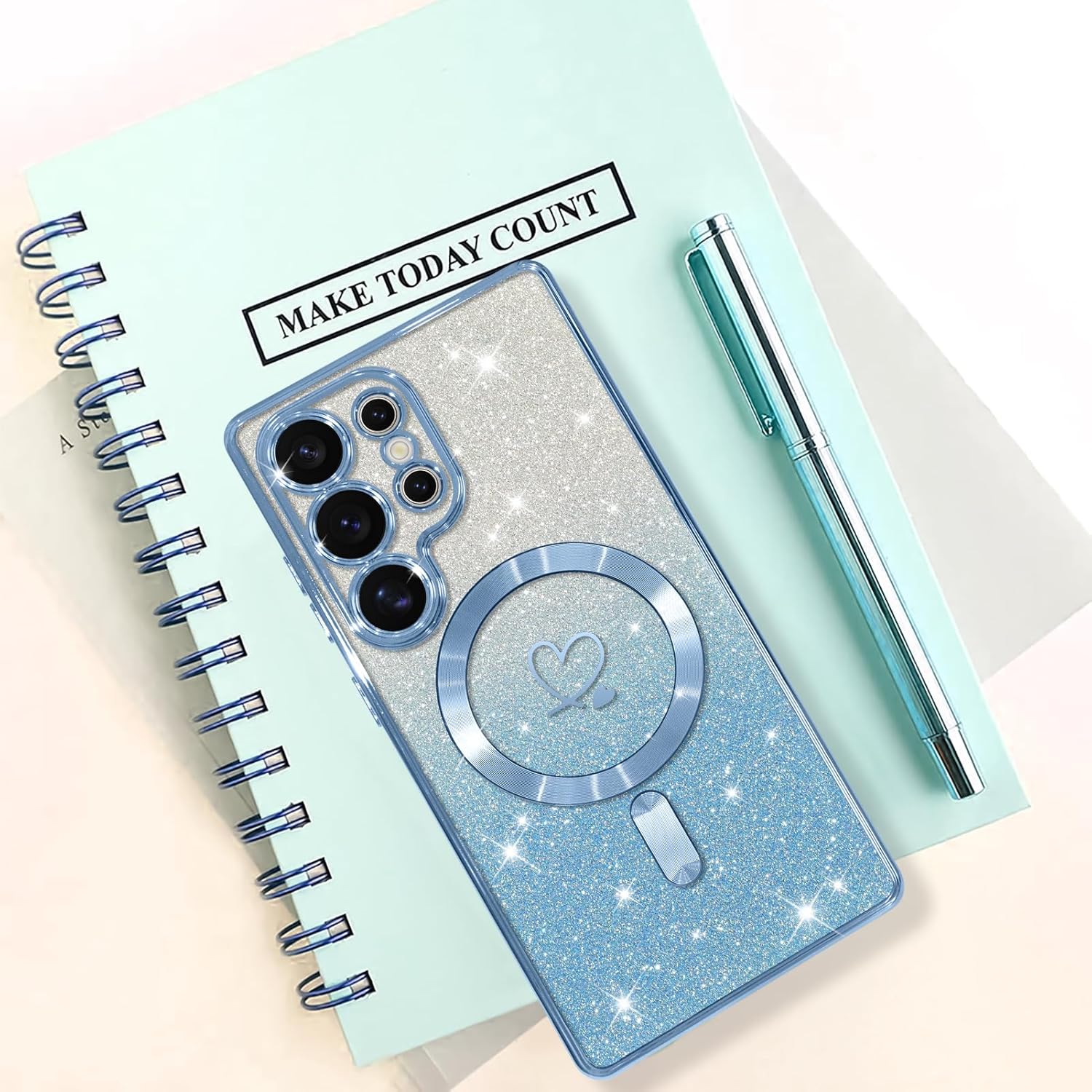 Bonoma Compatible with Samsung Galaxy S25 Ultra Case Support for MagSafe, Plating Heart Glitter Magnetic Case TPU Camera Protection Back Cover for Phone Case -Blue - Image 6