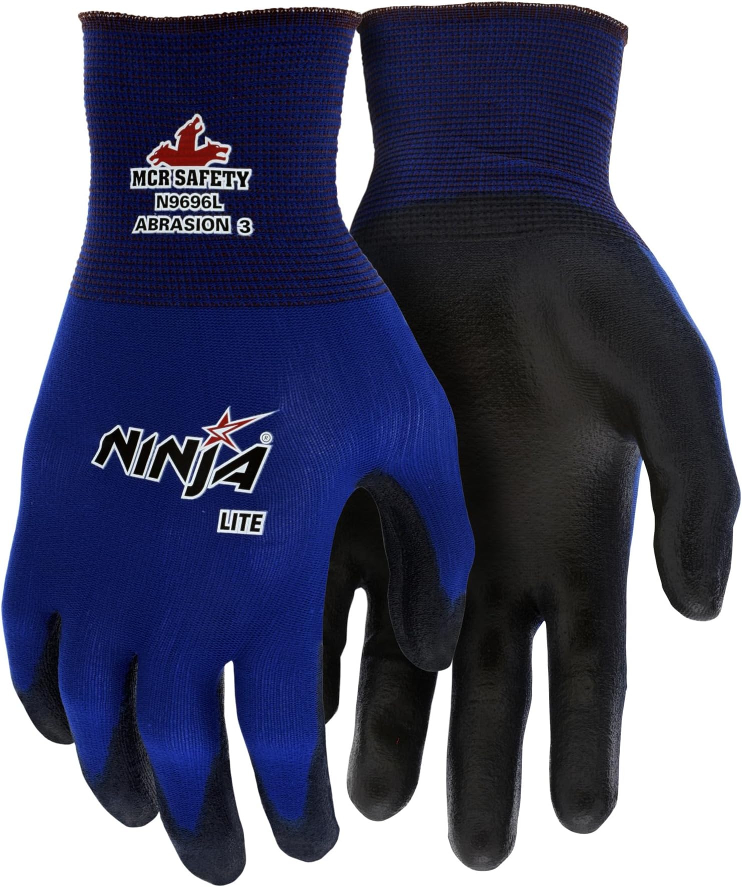 Gloves N9696L Ninja Lite Work Gloves 18 Gauge Blue Nylon Shell Polyurethane (PU) Coated Palm and Fingertips, Black/Blue, Large