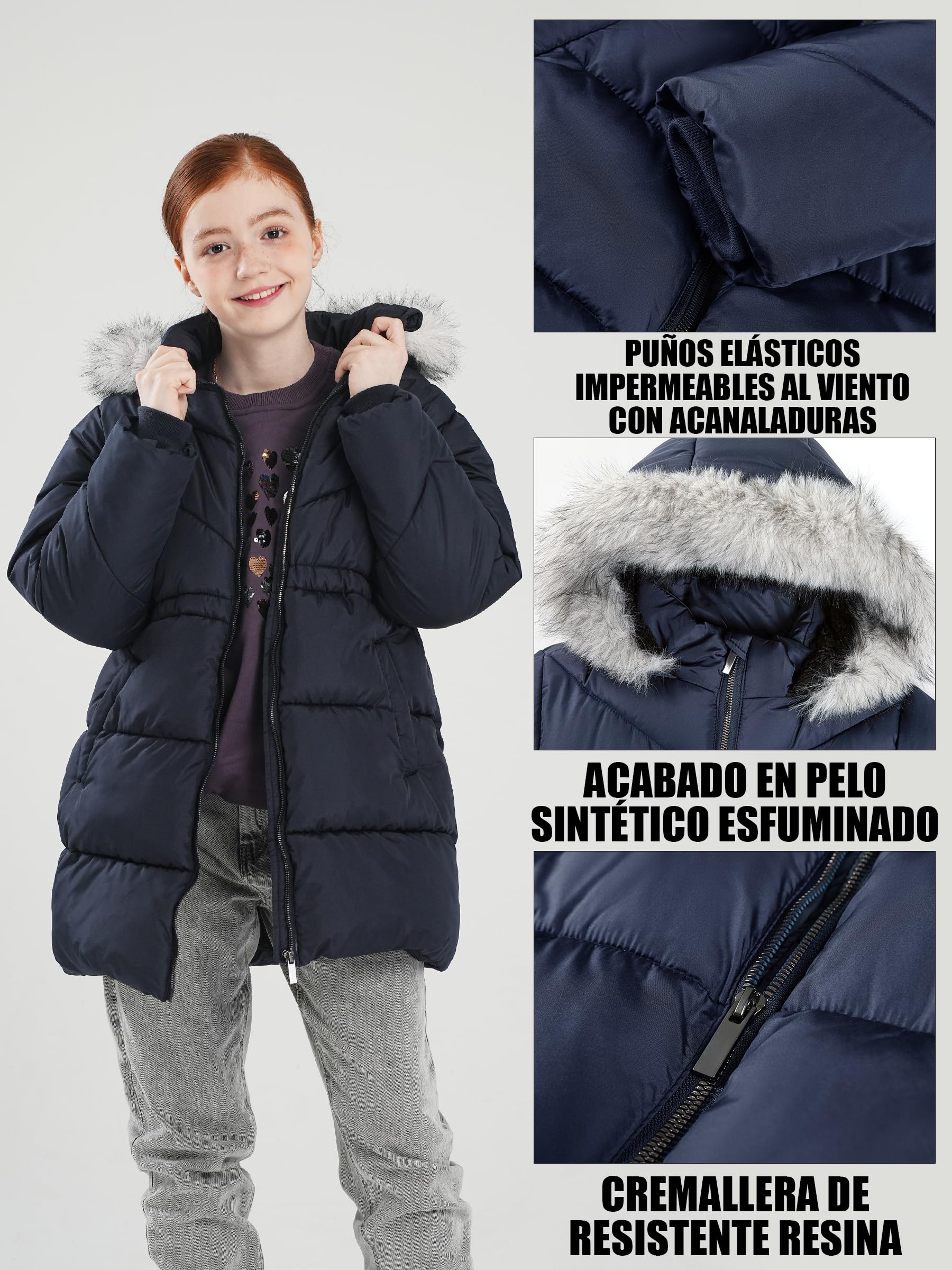 SOLOCOTE Abrigo de invierno para niñas resistente al agua plumas acolchado con capucha forro polar ribete de pelo sintético parka larga gruesa para niños