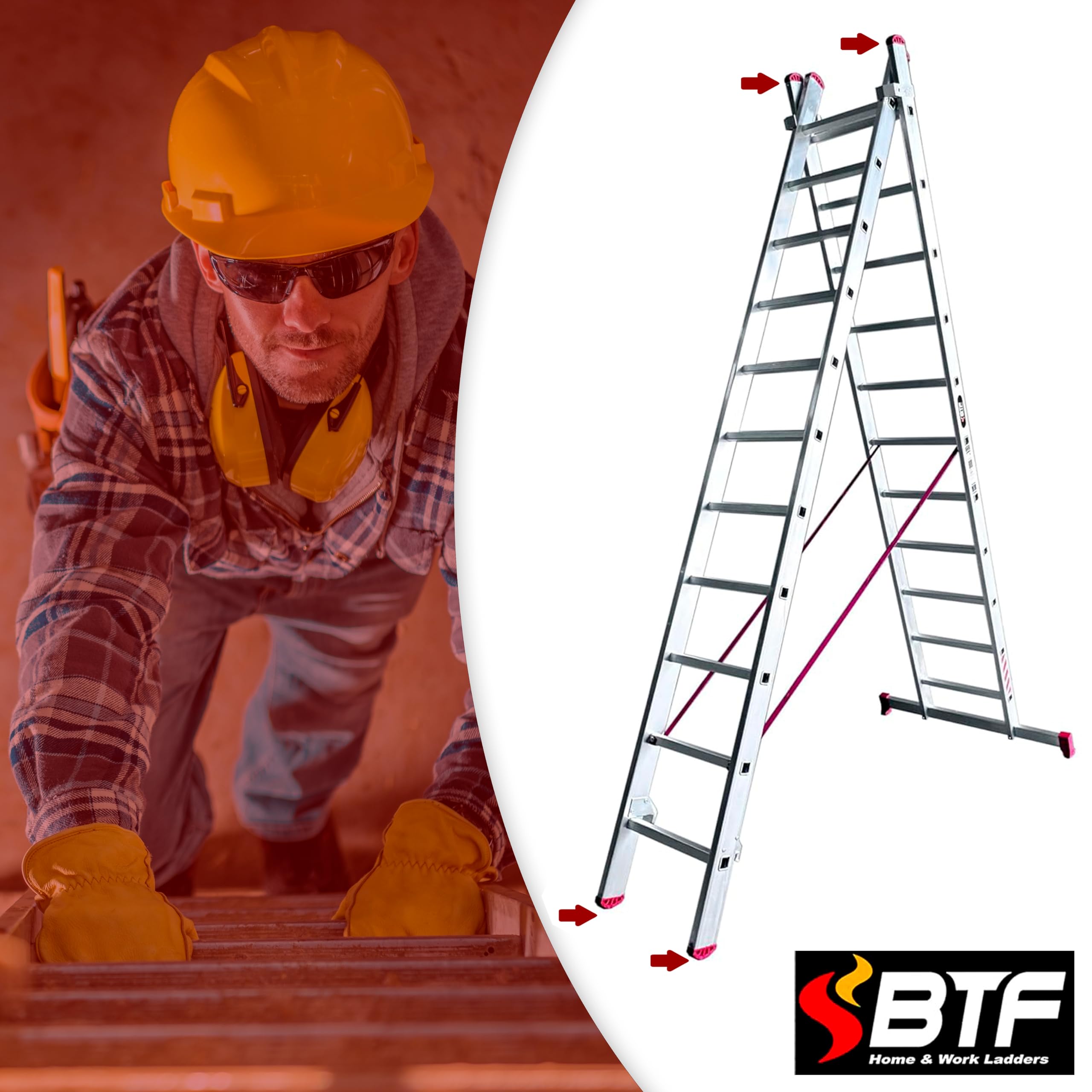 BTF | Juego de 4 Conteras para Escaleras Industriales Profesinoales 1, 2 o 3 Tramos Combinada y/o Extensible | Pies de Goma de Escaleras Perfil de Montante 80x25mm.