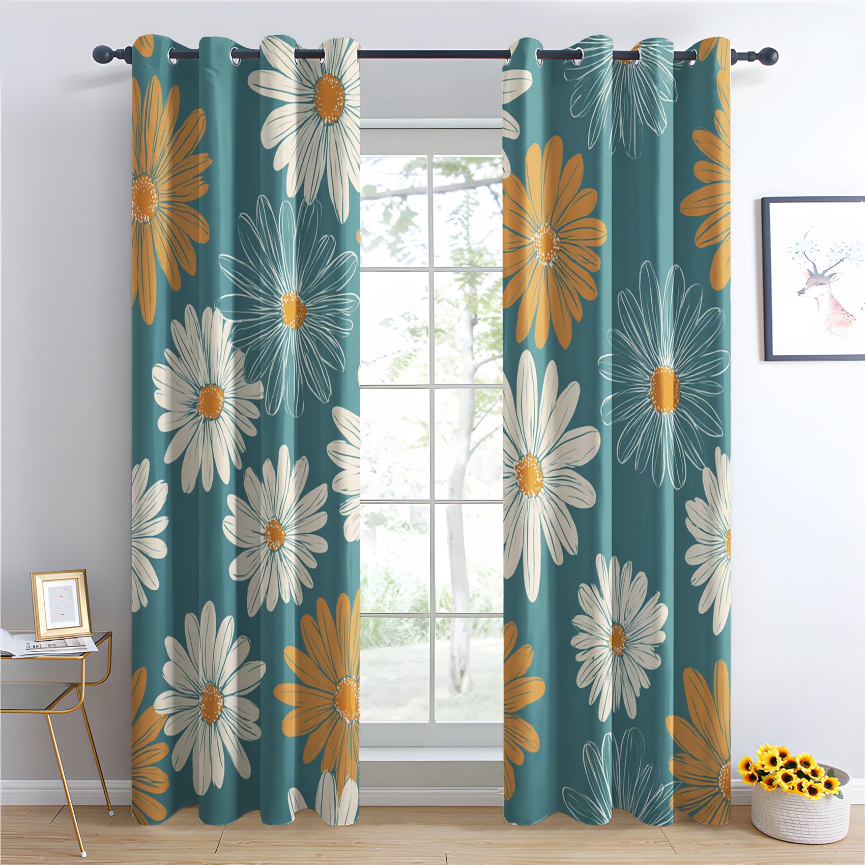 Venivici Daisy Blackout Curtains for Bedroom Living Room - 72 Inch Drop Curtains Eyelet, Retro 70s Floral Patterned Window Treatments, Thermal Insulated Drapes 66x72 2 Panels