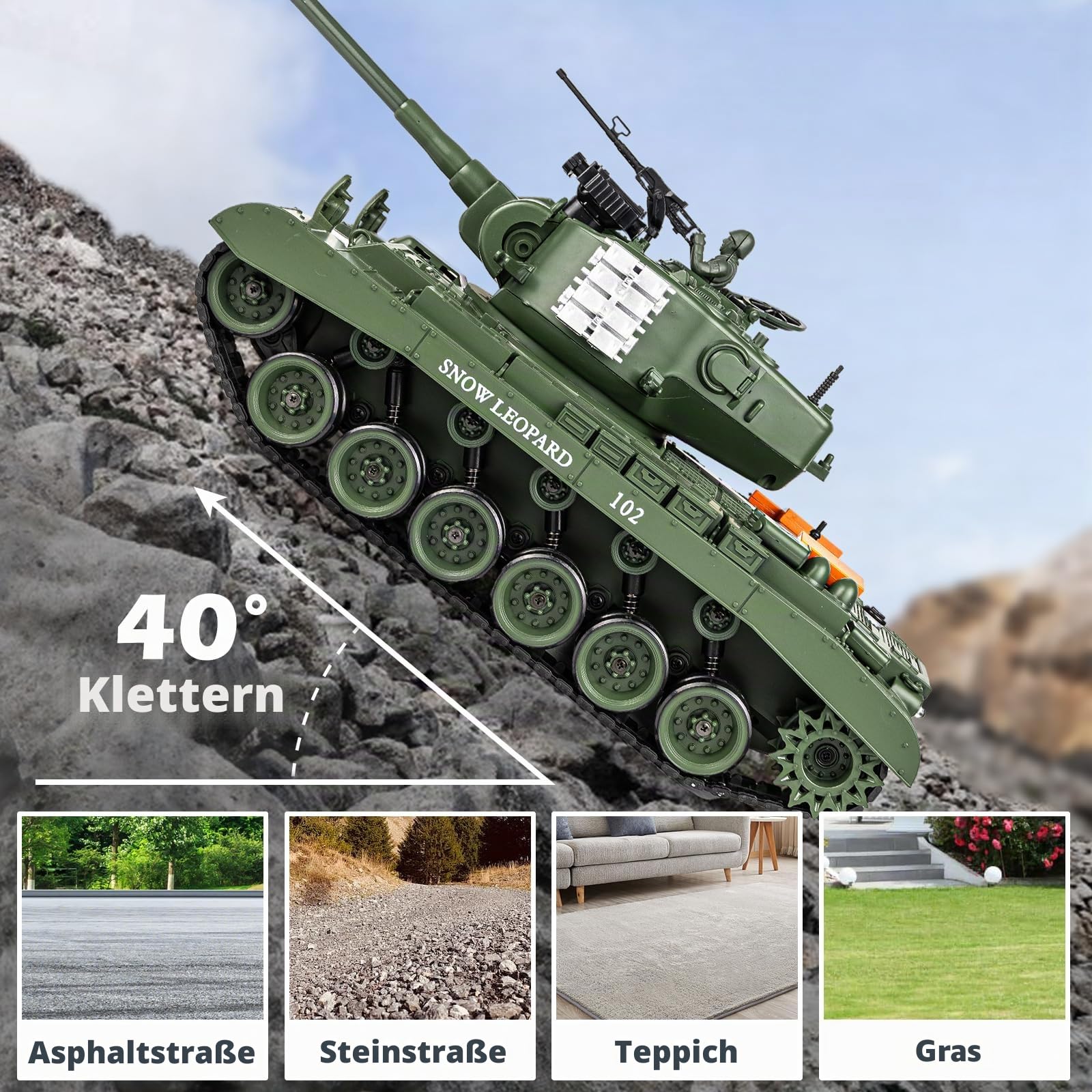 RC Panzer 1:18 US M26 Armeegrün, Panzer Ferngesteuert mit Schussfunktion | 2.4GHz Panzer Ferngesteuert mit Licht und Sound，WW2 Panzer Modell der Airsoft-BBS für Erwachsene und Kinder