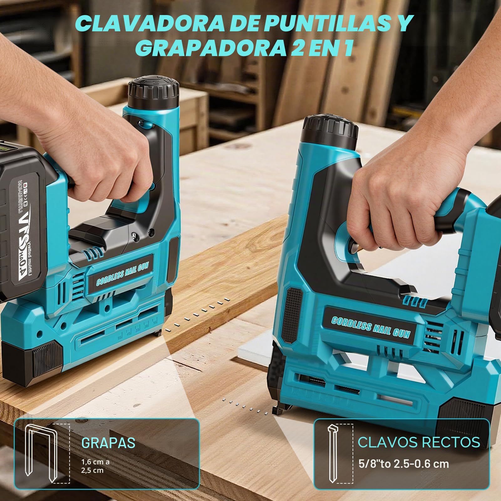Clavadora a Batería 2 en 1 y Grapadora Eléctrica Compatible con Batería Makita 18V, con 1 Batería de 4.0 Ah, 1000 Clavos y 1000 Grapas – Ideal para Carpintería, Bricolaje y Tapicería