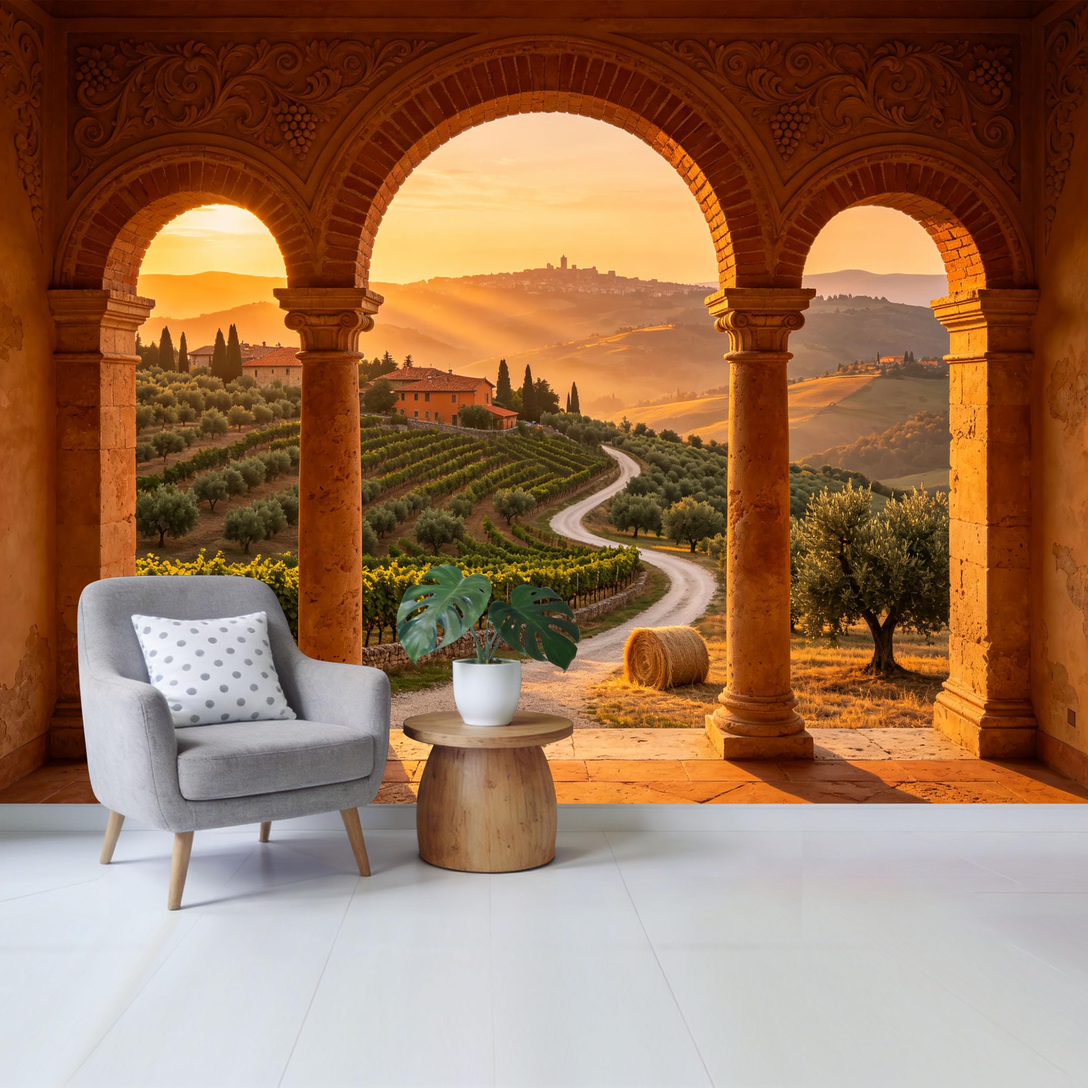 Custom Size Wall Mural Mediterranean Countryside Vineyard Sunset Landscape View Through Arched Stone Columns Removable Self Adhesive Fabric Home Wall Decor for Living Room Bedroom Bathroom