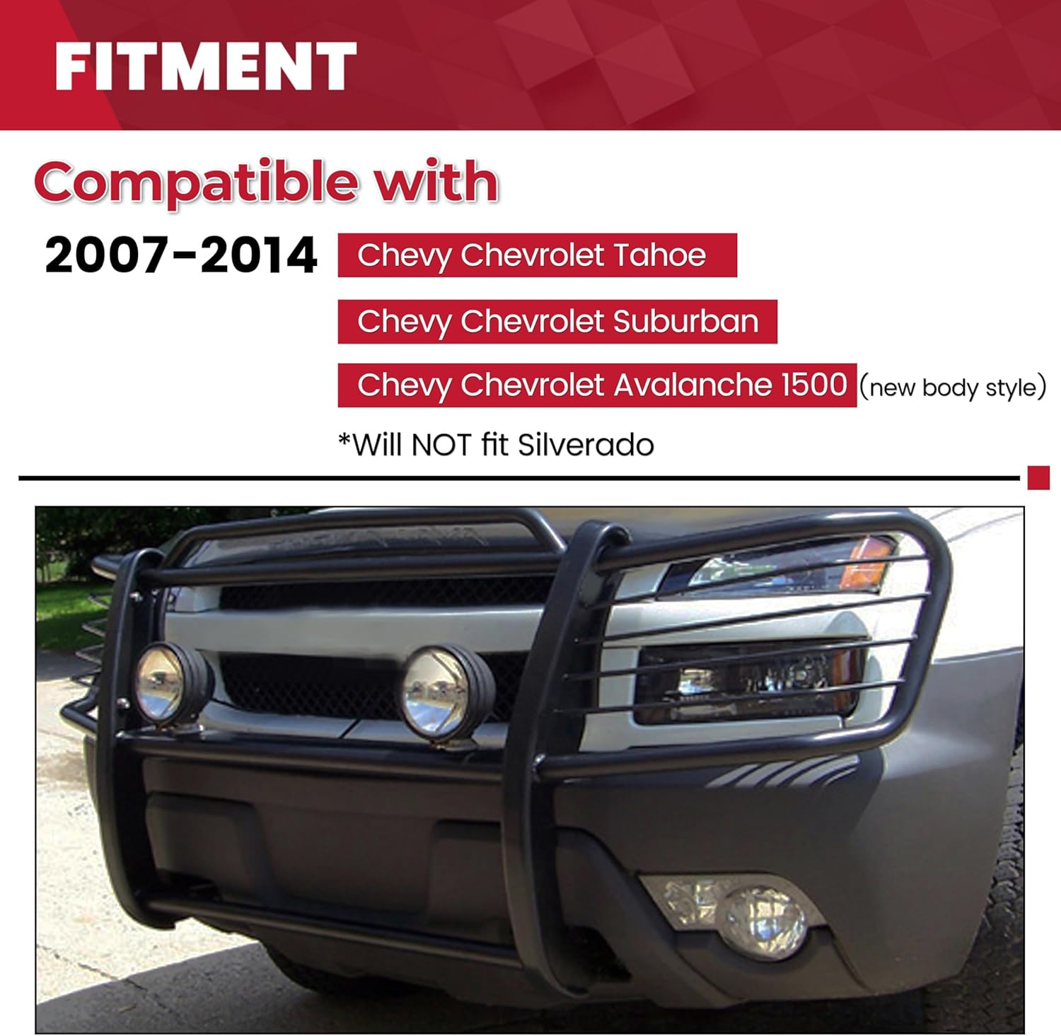 HECASA Brush Guard Compatible with 2007-2014 Chevy Chevrolet Suburban Tahoe Avalanche 1500 (New Body Style) Grille Grille Guard Front Bumper Protector Steel Powder Coated Black