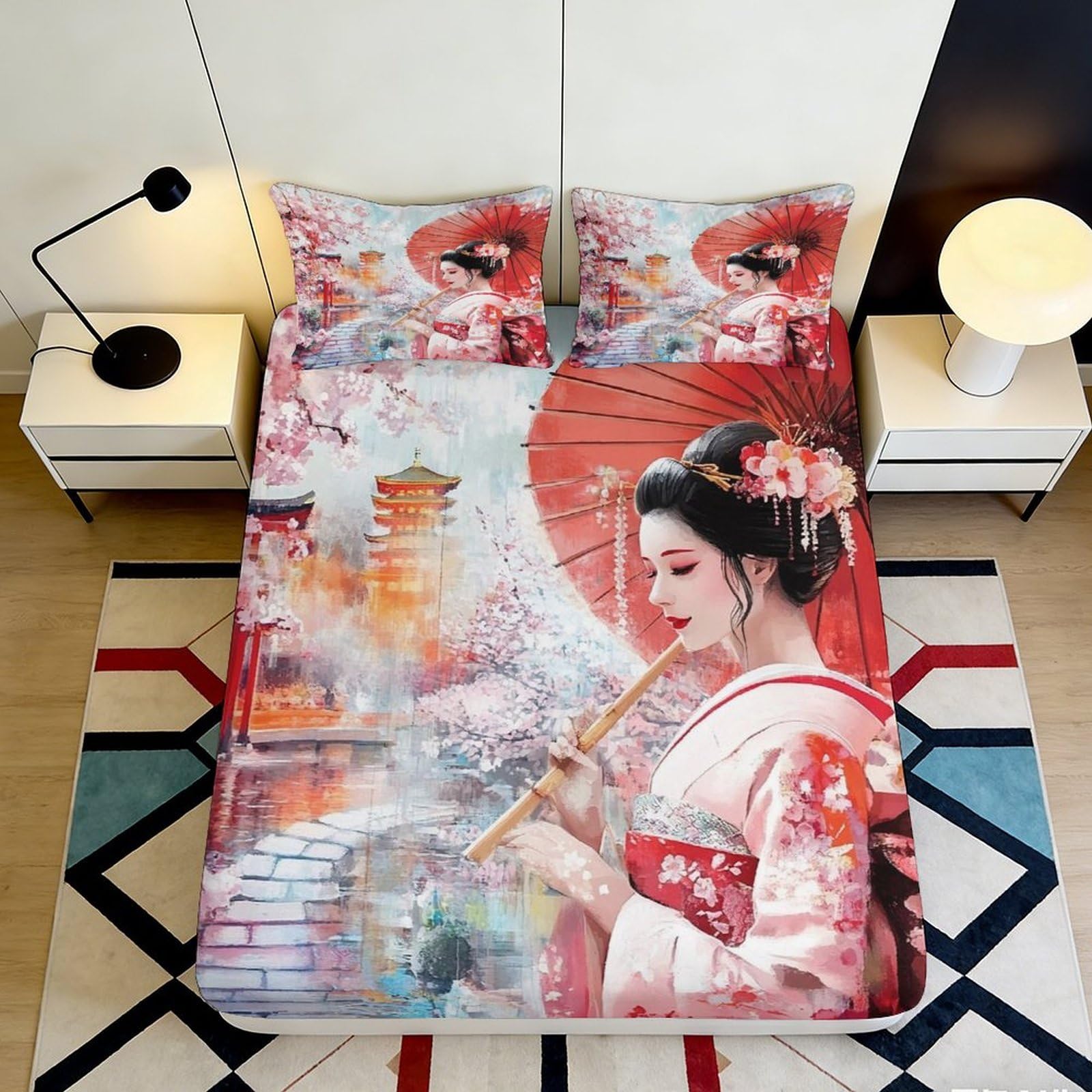 3D Printed Japanese Kimono Fitted Sheet Microfiber Soft Art Sakura Pagoda Mattress Cover Bedroom Decor 90x200x25cm