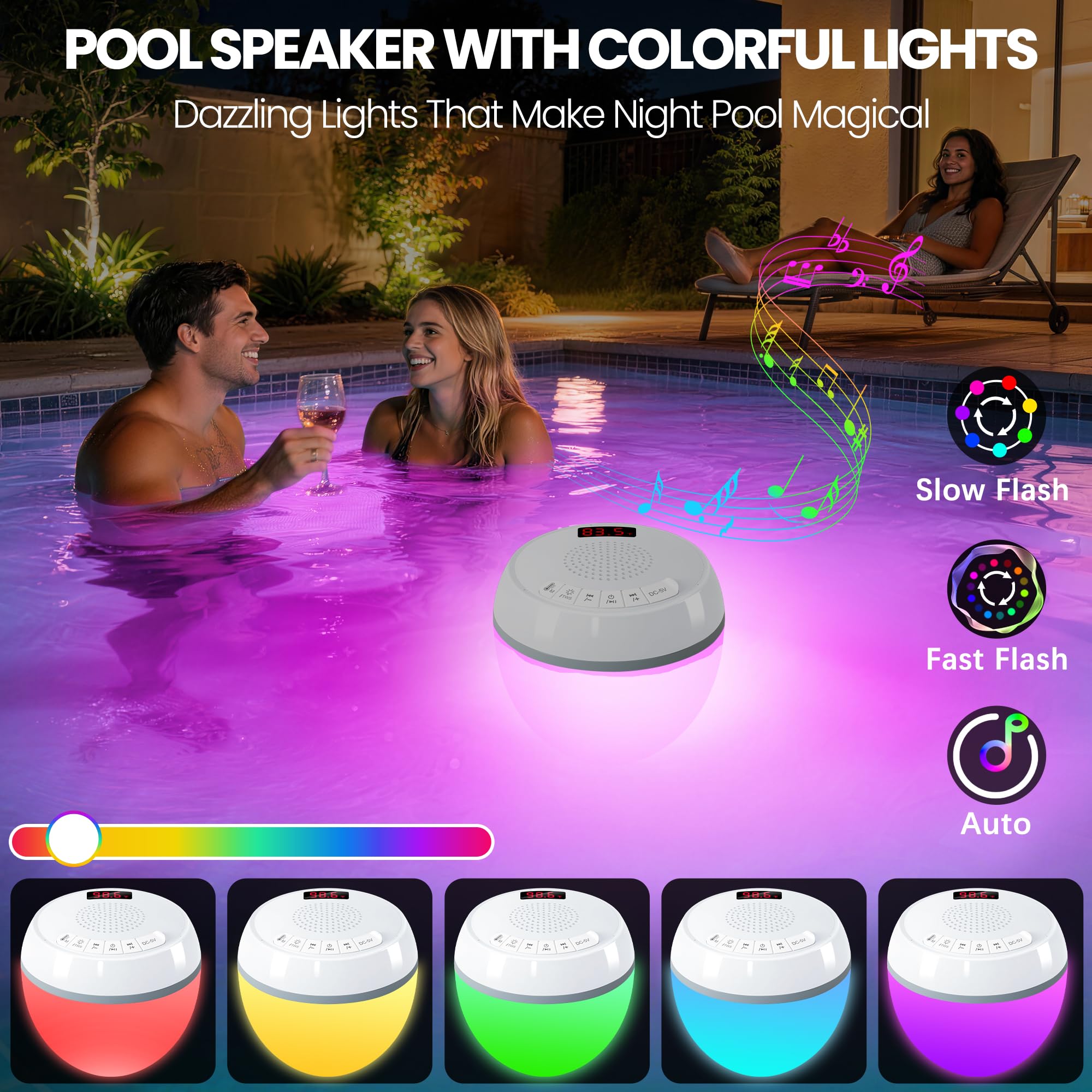 AearKing Altoparlante galleggiante 3in1 per piscina con termometro digitale e luci | Luci RGB, TWS, impermeabile IP68, Bluetooth 5.0, suono surround a 360°, display LCD della temperatura, ABS, ricarica USB