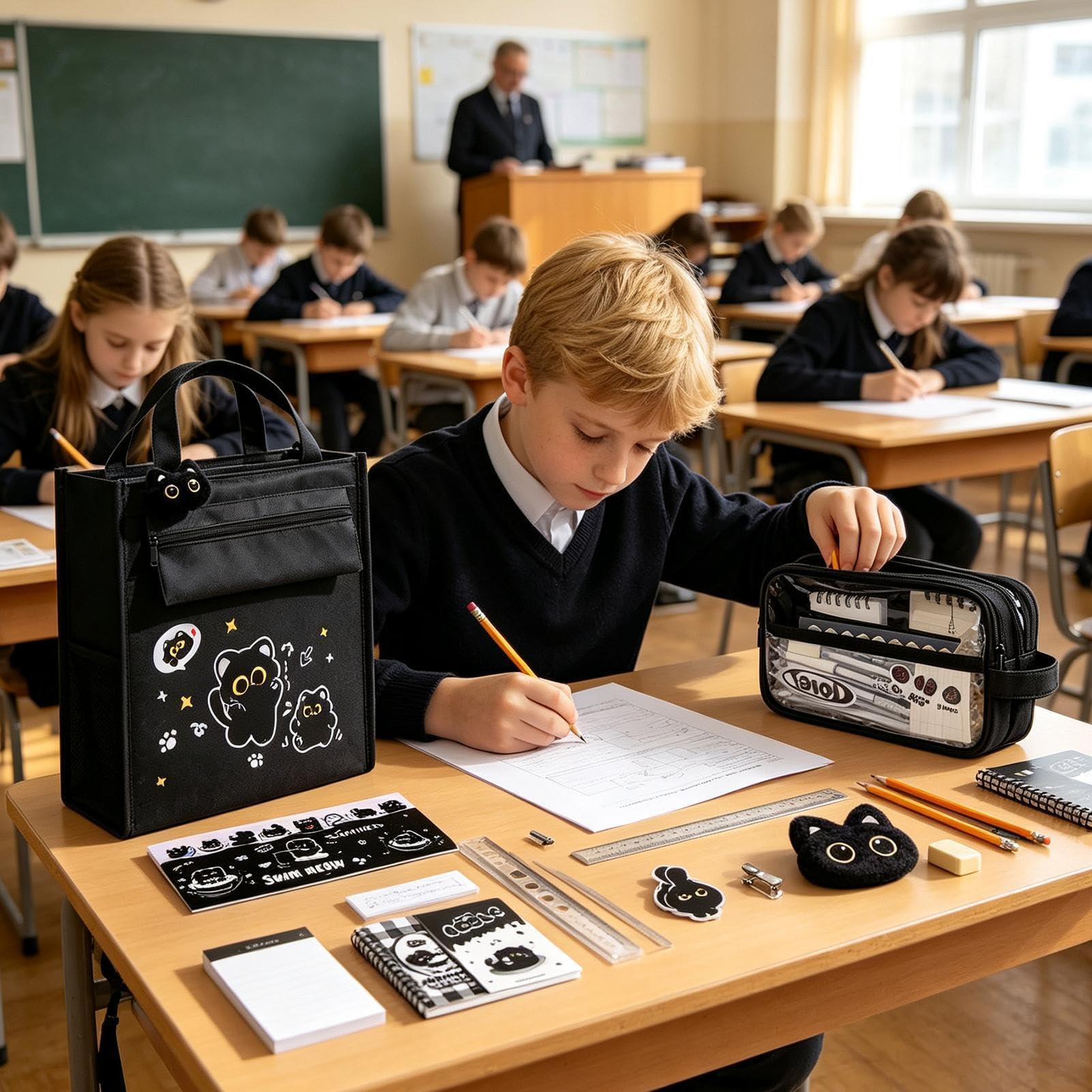 Set Di Cancelleria Kit Organizer Per Cancelleria Gatto Nero Grande Capacità | Set Materiale Scolastico Per Bambini Studenti Adolescenti Insegnanti Casa Classe Dormitorio Università