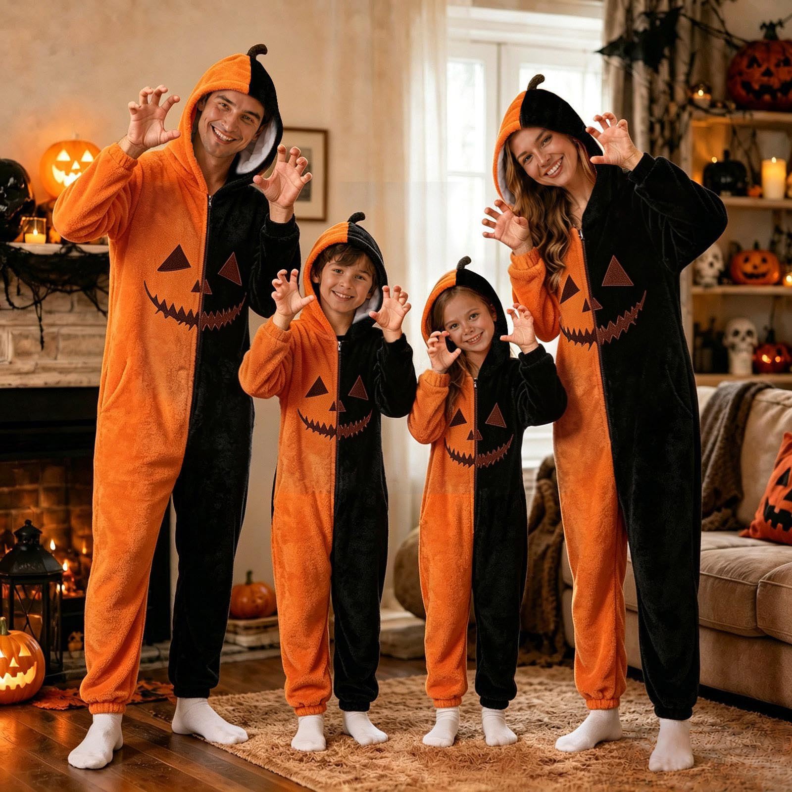 Generico Vestito Halloween Adulto - Tuta Intera con Cappuccio in Pile per Halloween Invernale Coordinato con Stampa di Zucca Comodo e Rilassante per Uso Domestico e Quotidiano