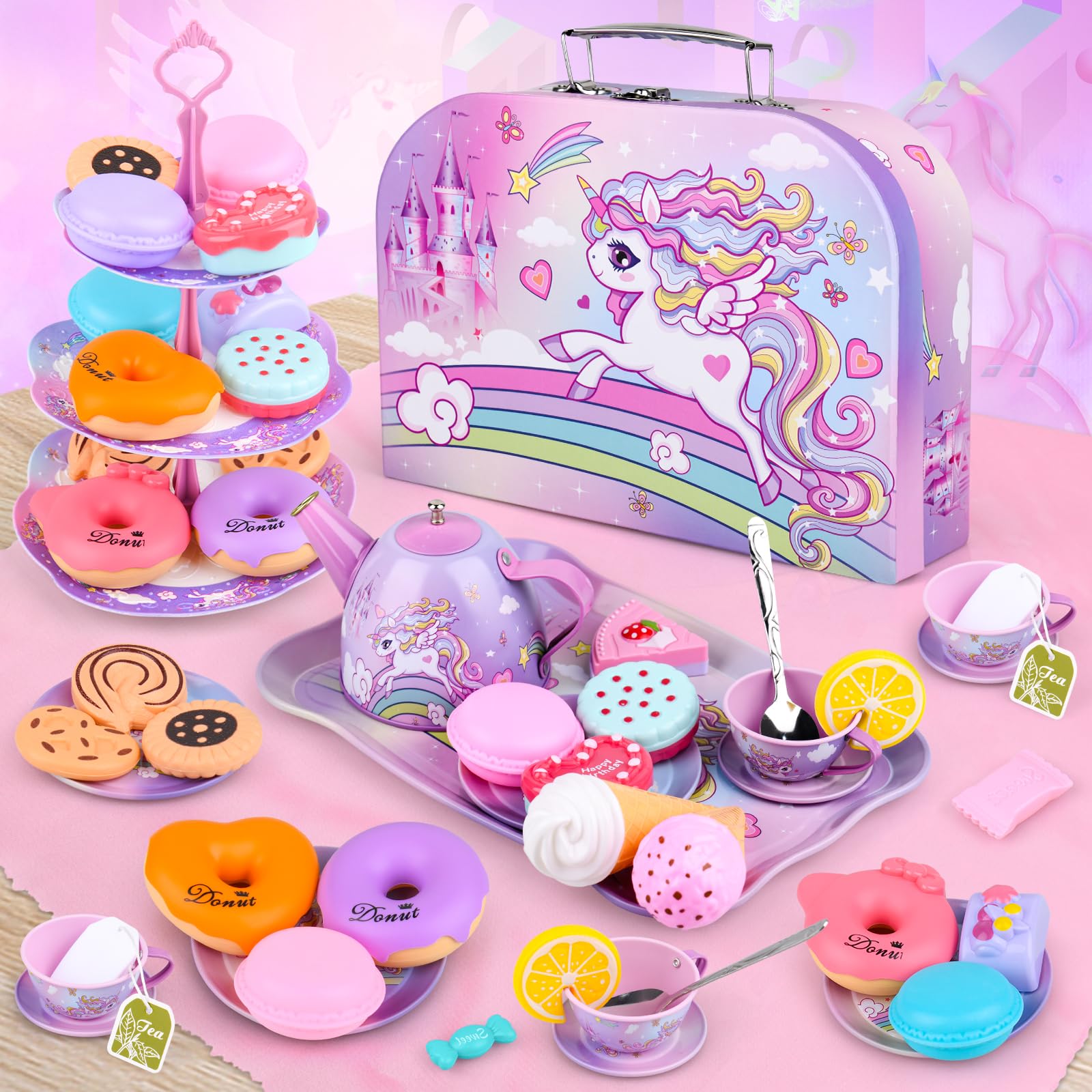 Service à Thé pour Enfants 36 Pcs - Jeu de Simulation pour Filles avec Étui de Transport, Sachets de Thé et Tranches de Citron - 13 Jouets à Dessert (Floride)
