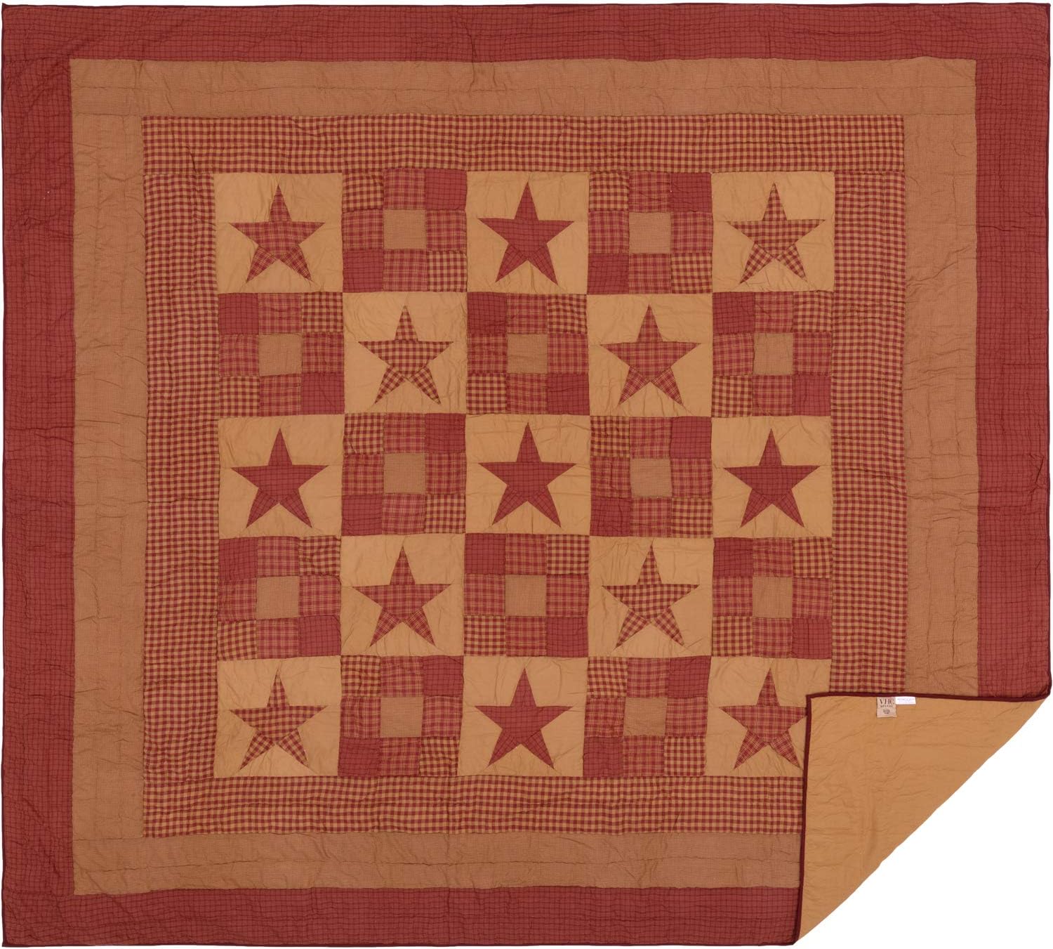 VHC Brands Ninepatch Star King Quilt 105Wx95L Country Patchwork Design, Burgundy