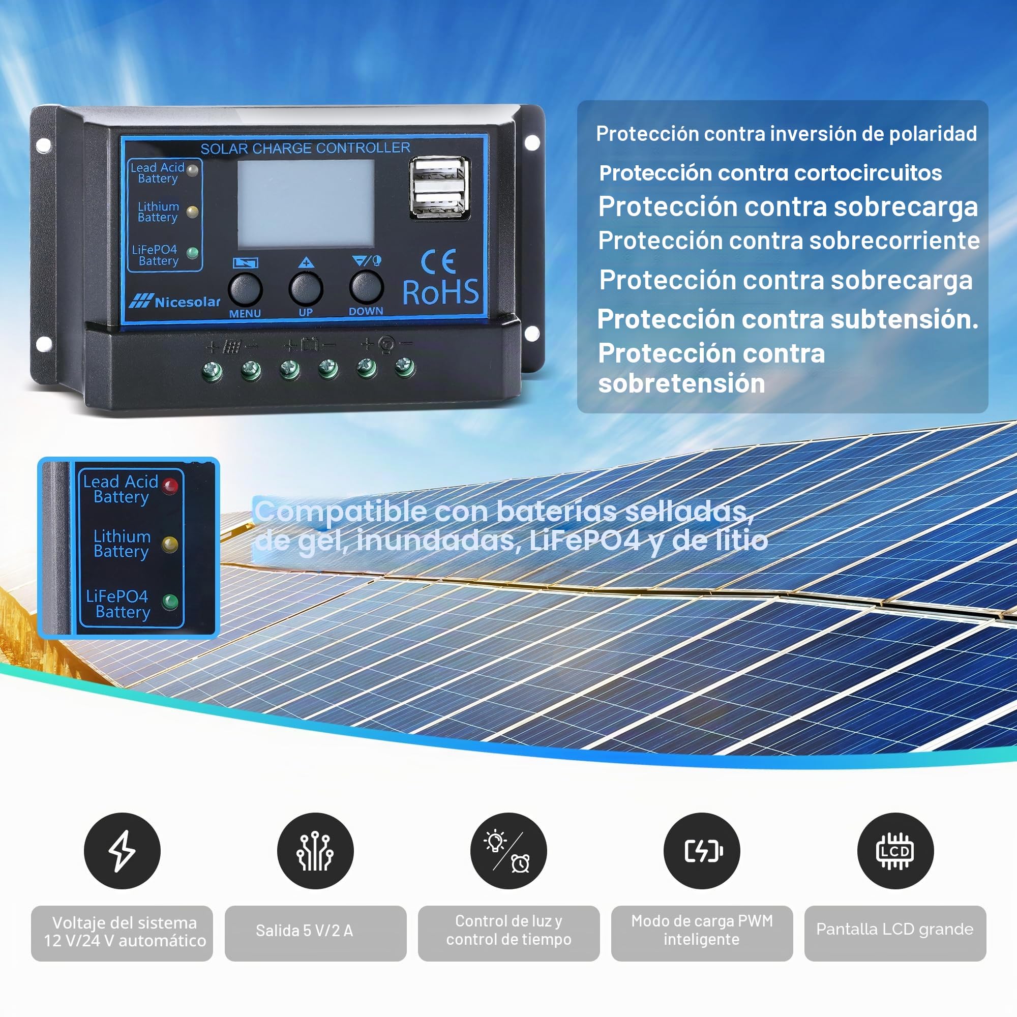 Nicesolar Panel solar de 100 W, 12 V, sistema off-grid para panel solar, batería de carga para acampar, controlador de carga solar de 20A con cable solar, para casa, auto, nave industrial