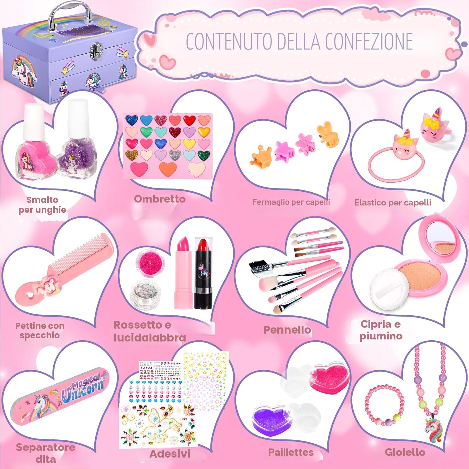 Trucchi Bambina Set, Sicuro e Atossico e Lavabile Valigetta Trucchi Bambina Anallergici, Trousse Trucchi Bambina Natale Compleanno Regalo 4 5 6 7 8 9 10 Anni