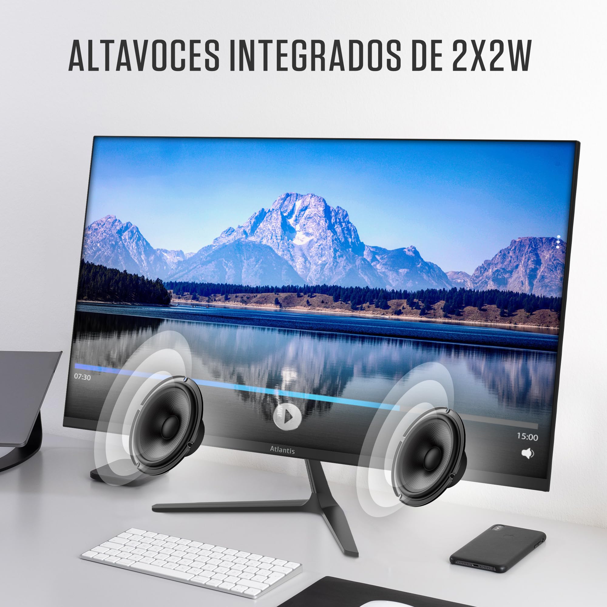 Atlantis Monitor de 22 pulgadas, pantalla LED 22" 100 Hz, Full HD 1920x1080, VGA, HDMI, MULTIMEDIA, FreeSync, salida de audio/auriculares, inclinación, 5 ms, 3000:1, ángulo 178°/178°, cable HDMI 1,5 m