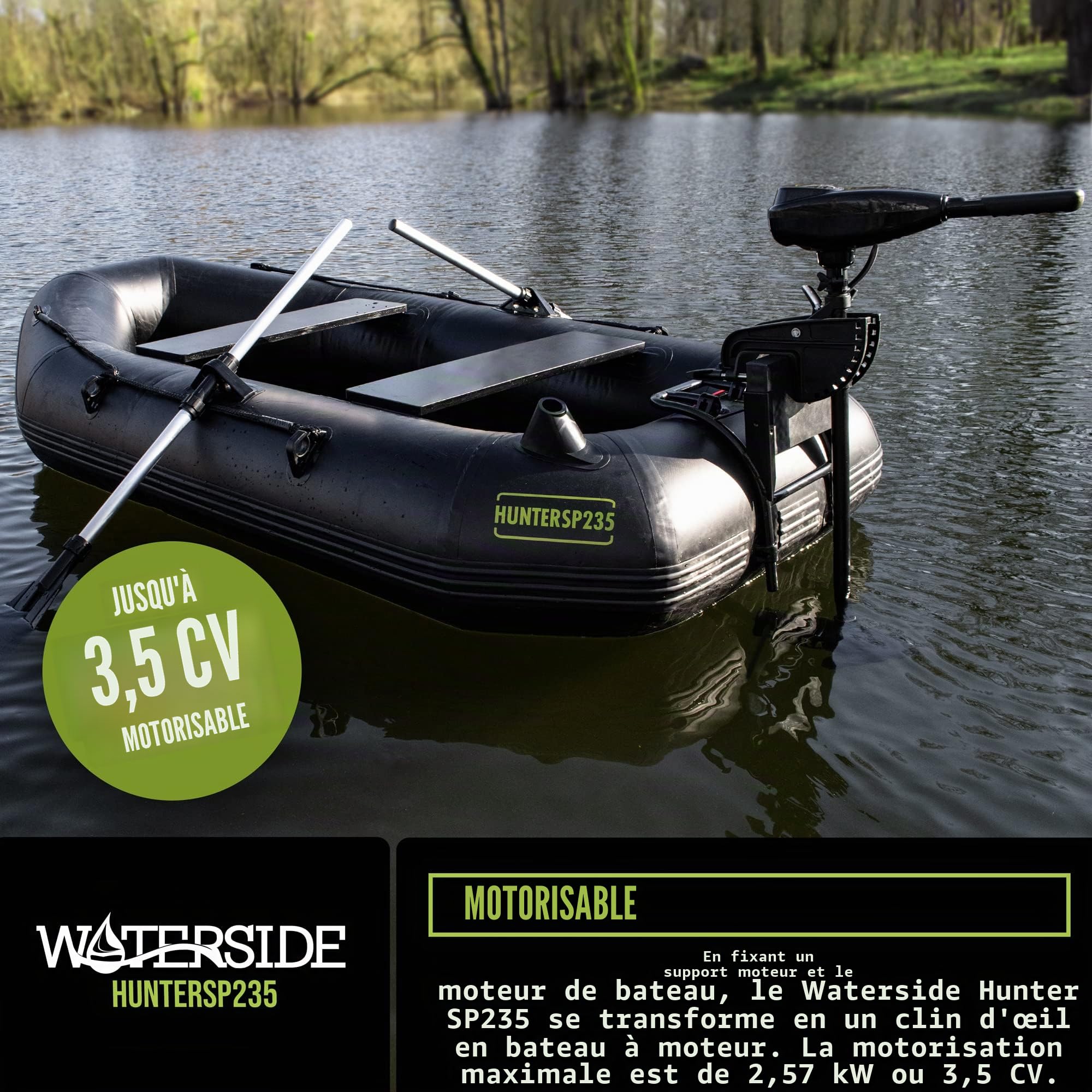 Waterside Hunter SP 235 Bateau gonflable 230 cm jusqu'à 210 kg avec pagaie et pompe | PVC de 0,7 mm - Charge maximale : 210 kg - Poids net : 15 kg - Avec pagaie et pompe