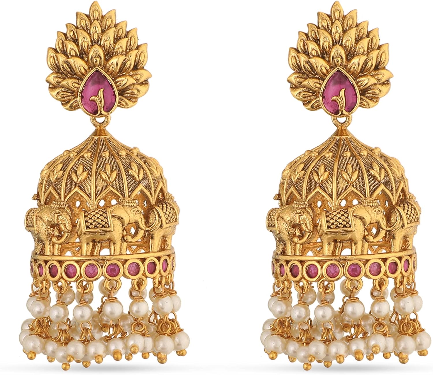 TARINIKA Antique Gold-Plated Indian Jhumka Earring for Women Brass CZ Temple Design Desi Dangle Jewelry Wedding Jewelry Ethnic Occasion Gift for Her