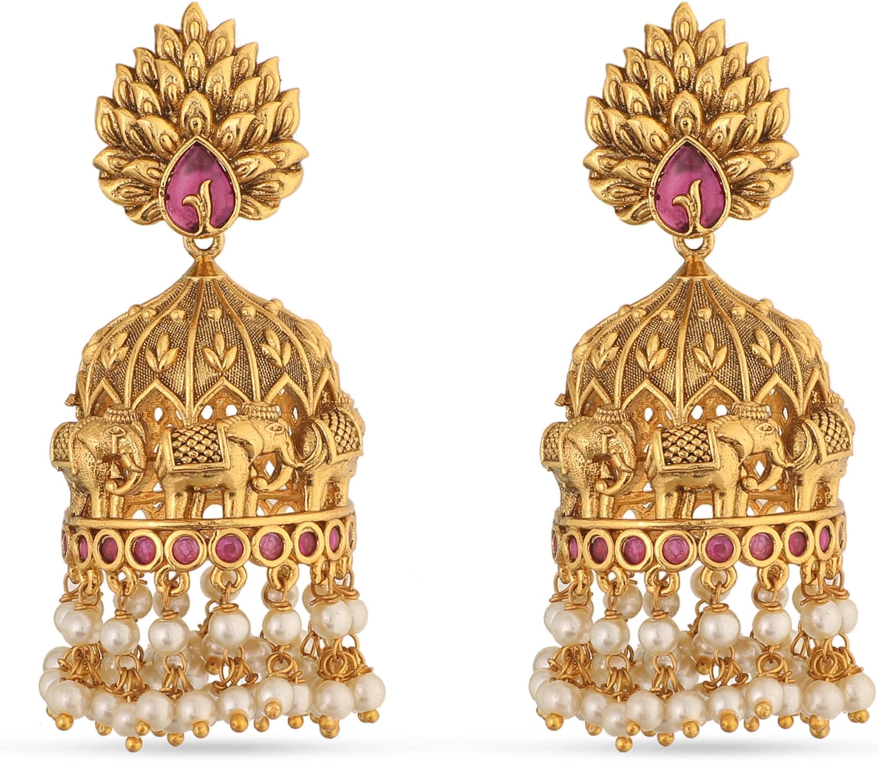 Antique Gold-Plated Indian Jhumka Earring for Women Brass CZ Temple Design Desi Dangle Jewelry Wedding Jewelry Ethnic Occasion Gift for Her