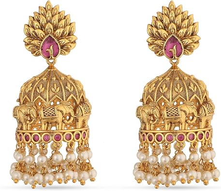 TARINIKA Antique Gold-Plated Indian Jhumka Earring for Women Brass CZ Temple Design Desi Dangle Jewelry Wedding Jewelry Ethnic Occasion Gift for Her