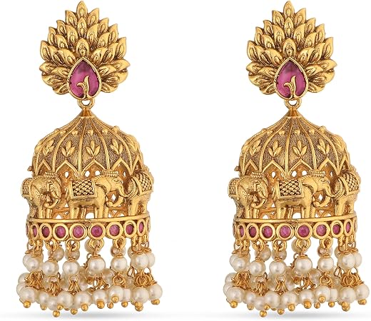 TARINIKA Antique Gold Plated Jhumka Earrings with CZ Stones &amp; Pearls - Brass Fashion Jewelry for Women Traditional Pearl J...