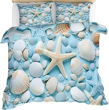 Beach Bedding Sets - Sea Shell Starfish Duvet Cover Queen - Hawaiian Blue Comforter Cover with 2 Pillowcases & Zipper - 3 Pieces Bedding & Home Decor